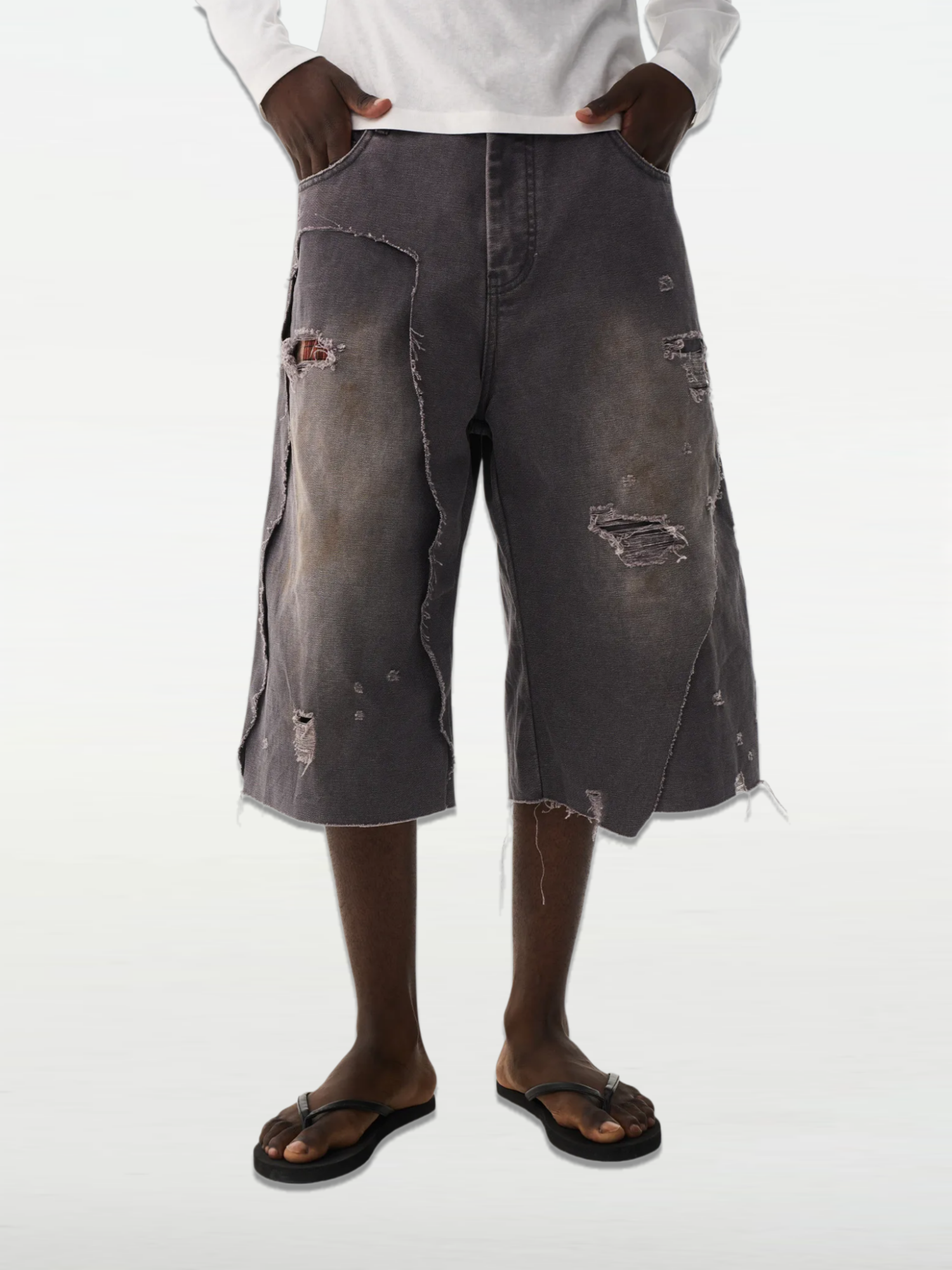 Double-Layer Distressed Washed Grey Shorts
