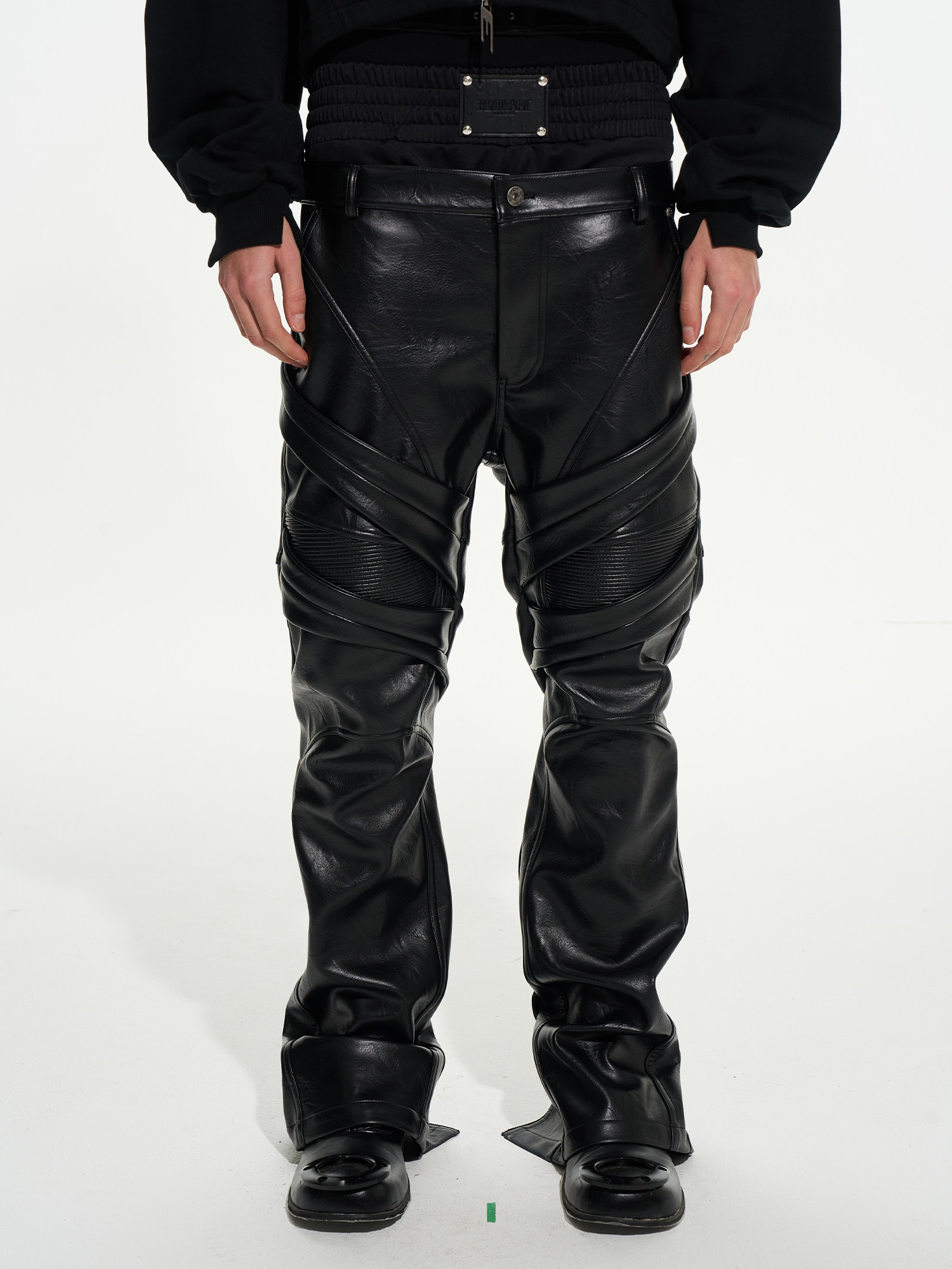 Asymmetric Motorcycle Stacked Double-Waist Leather Pants