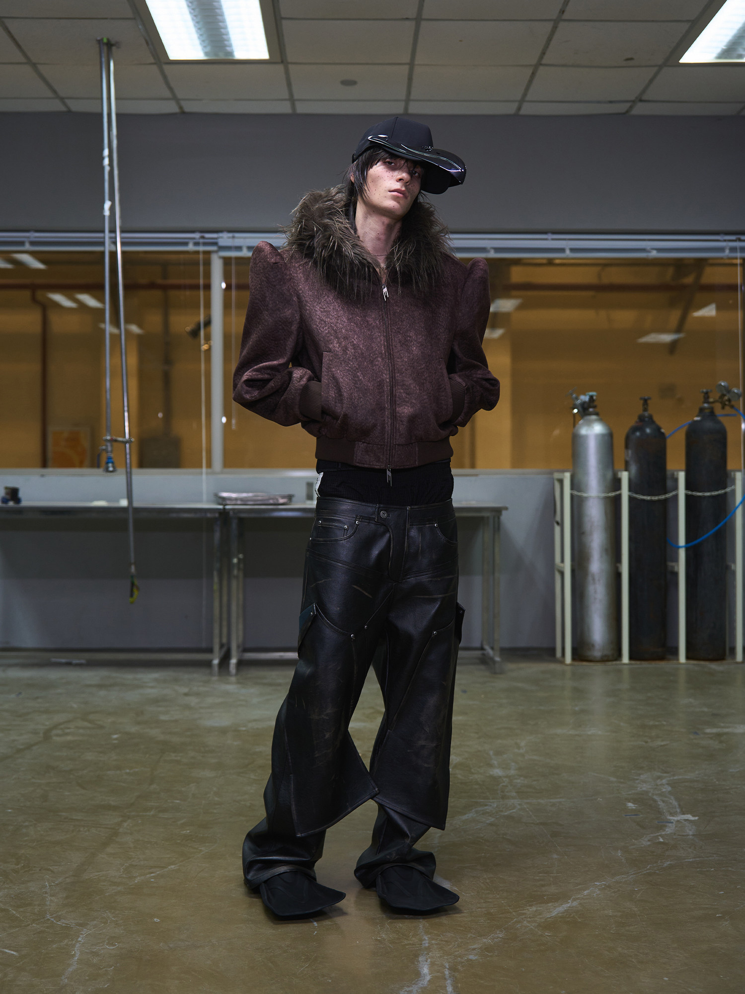 Double-Waist Distressed Fold-Over PU Pants