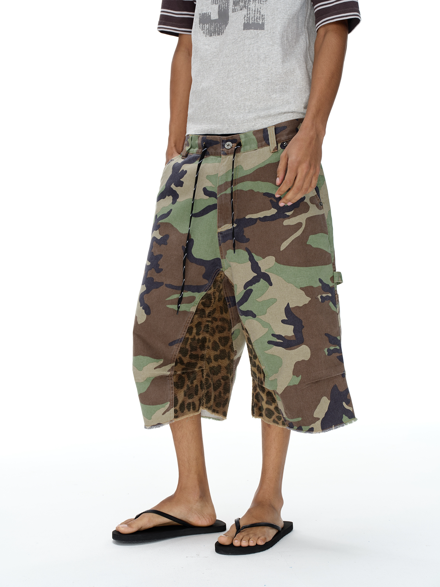 Patchwork Color-Block Camo Lumber Shorts