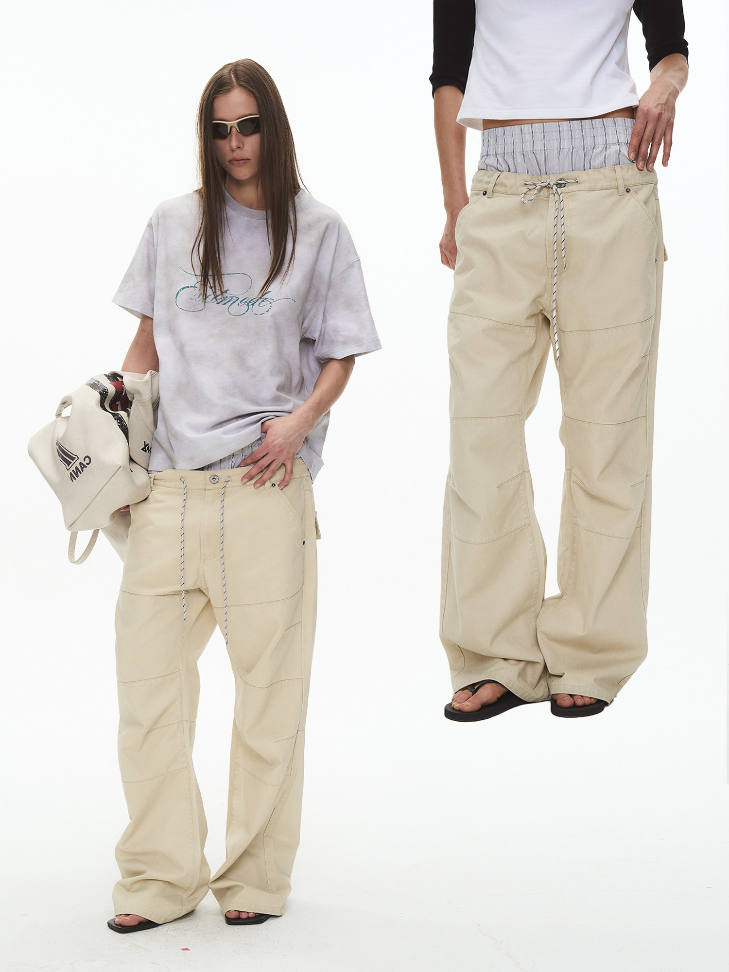 Double-Waist Flared Washed Cargo Pants