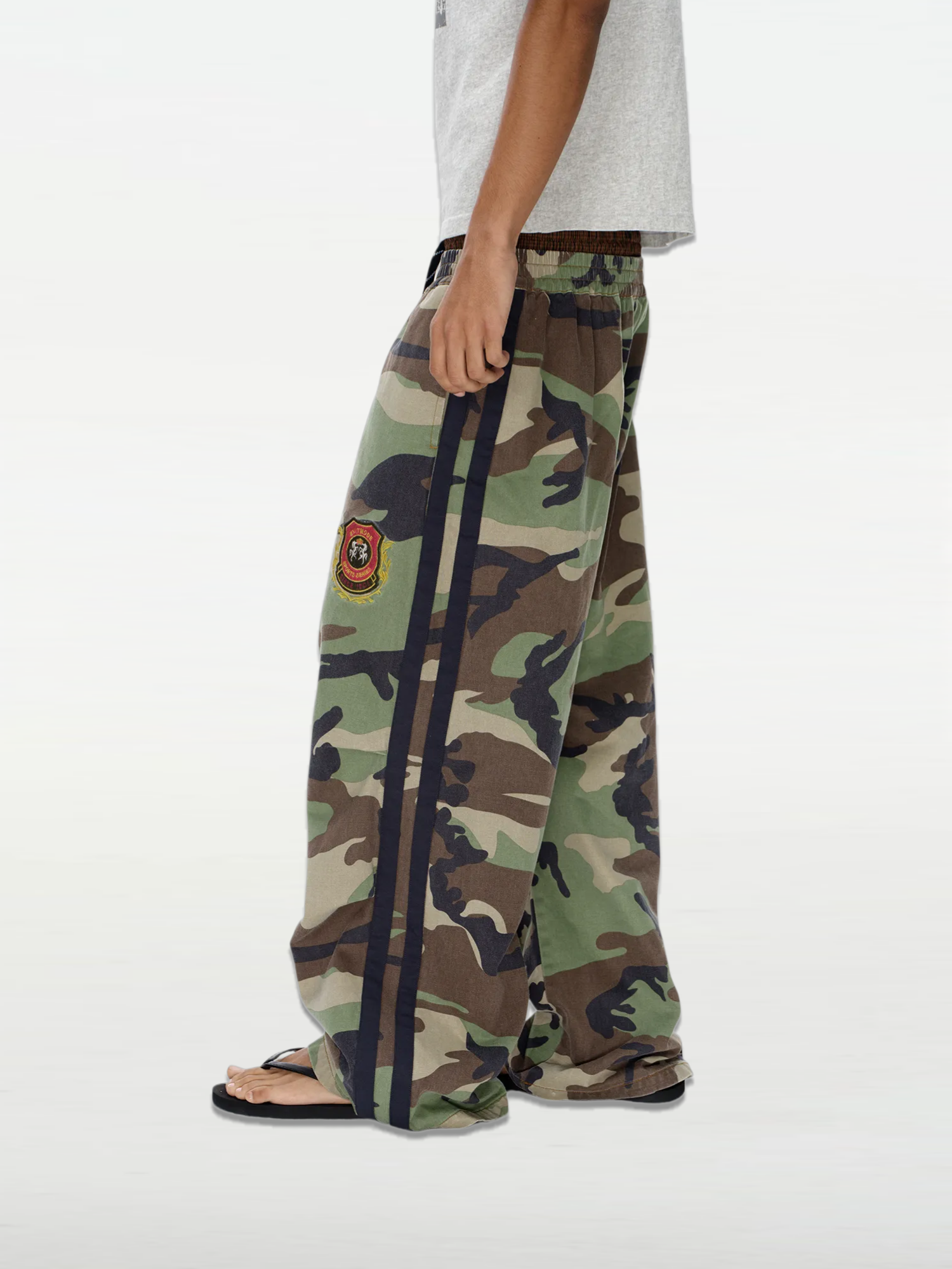 Double-Waist Pleated Camo Embroidered Badge Pants