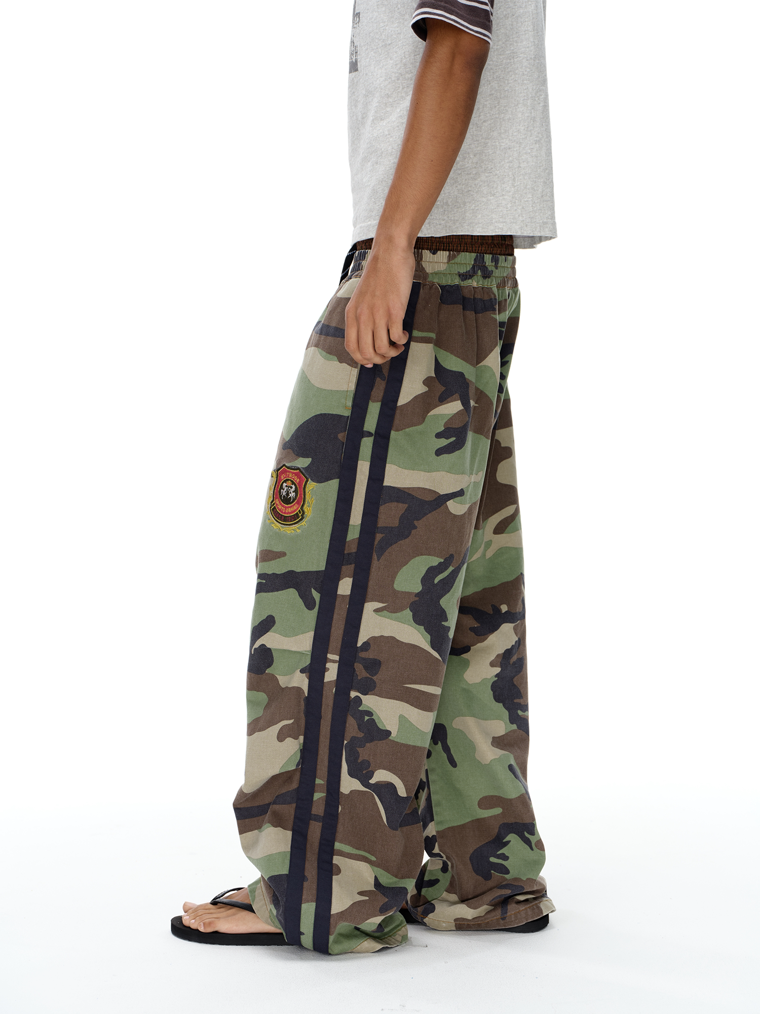 Double-Waist Pleated Camo Embroidered Badge Pants