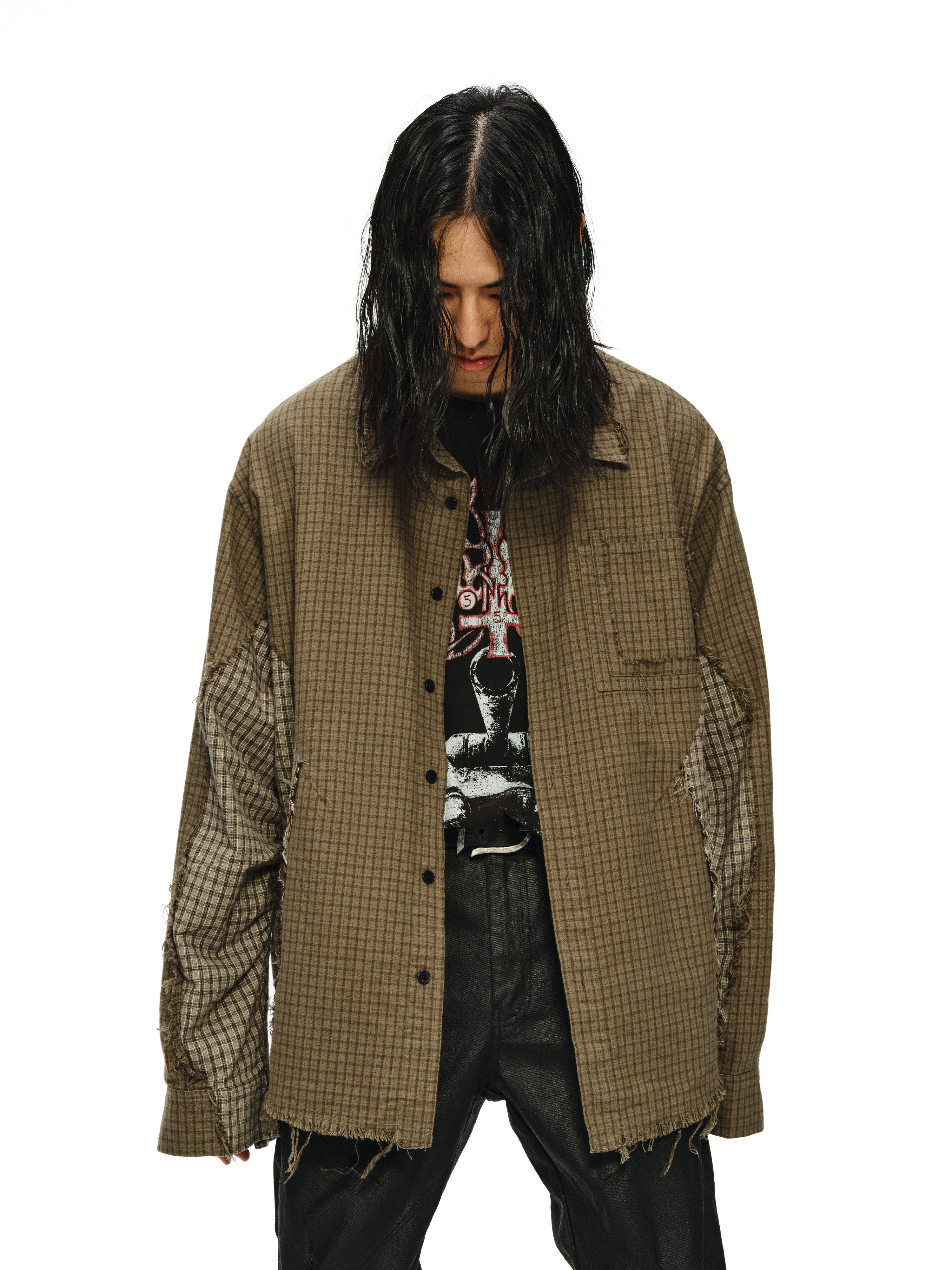 Patchwork Plaid Pocket Frayed Washed Shirt