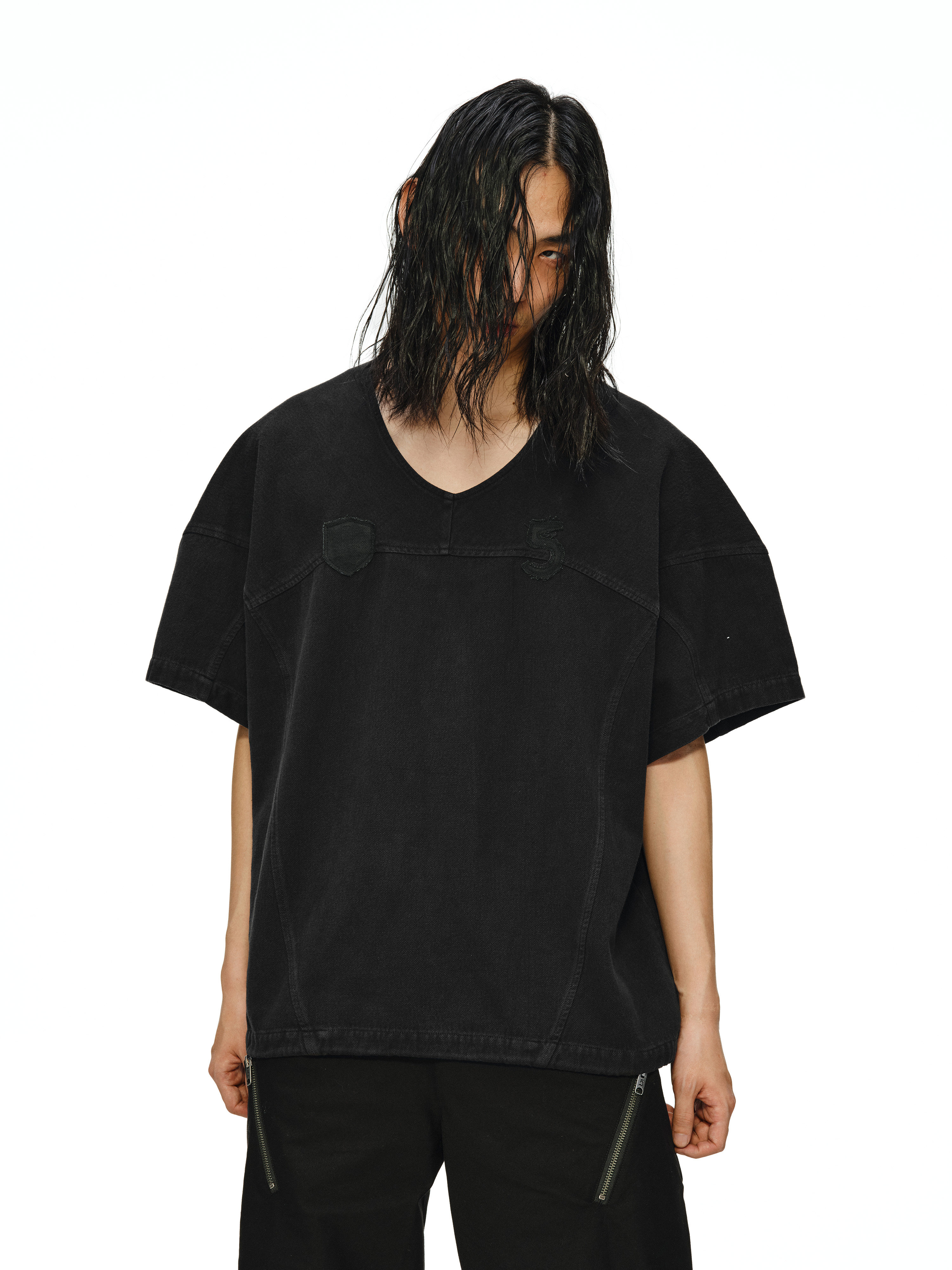 Oil-Stained V-Neck Drawstring Baseball Tee