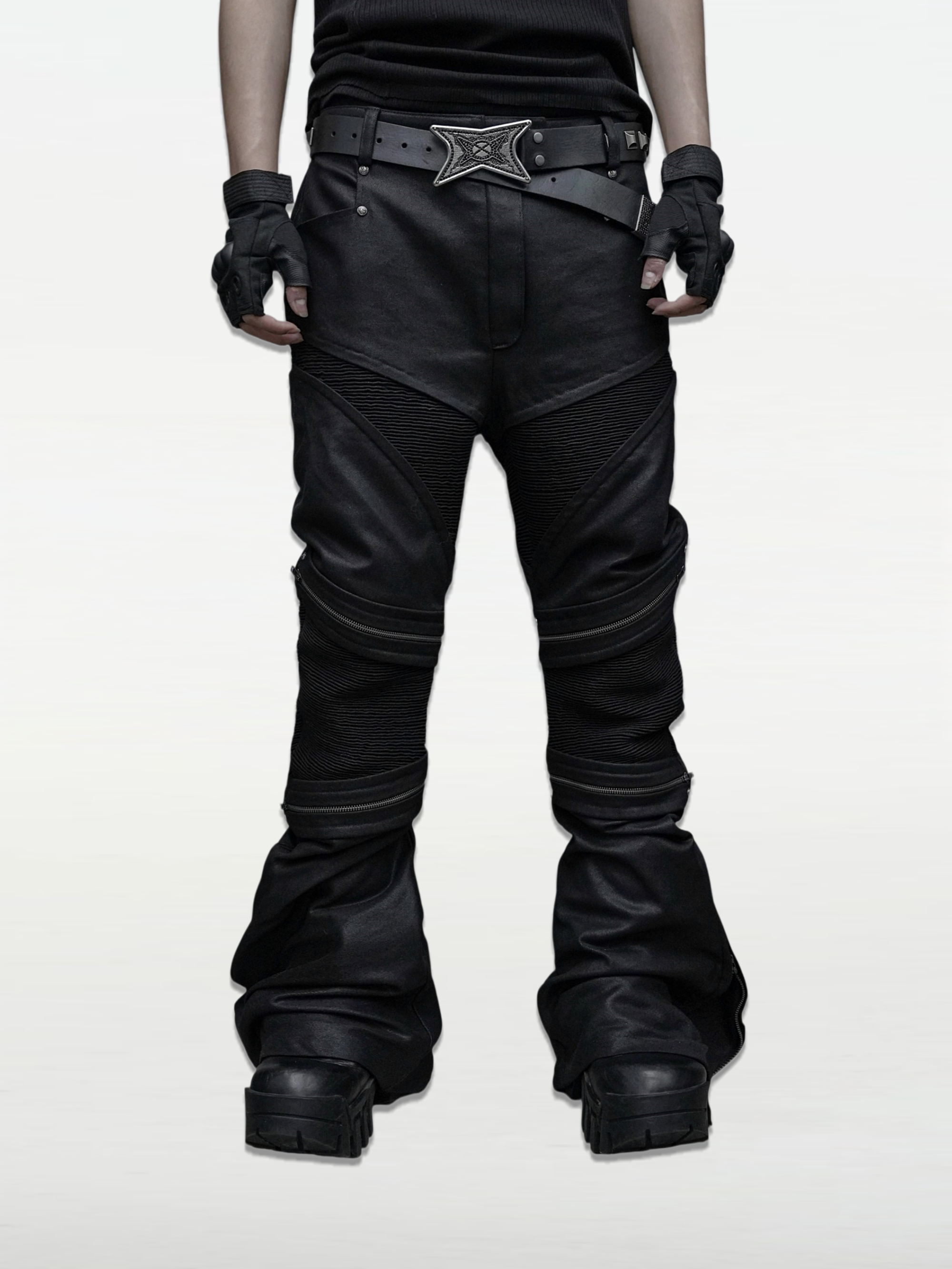 「Mechanical Bone」Curved-Blade Textured Deconstructed Waxed Denim Trousers
