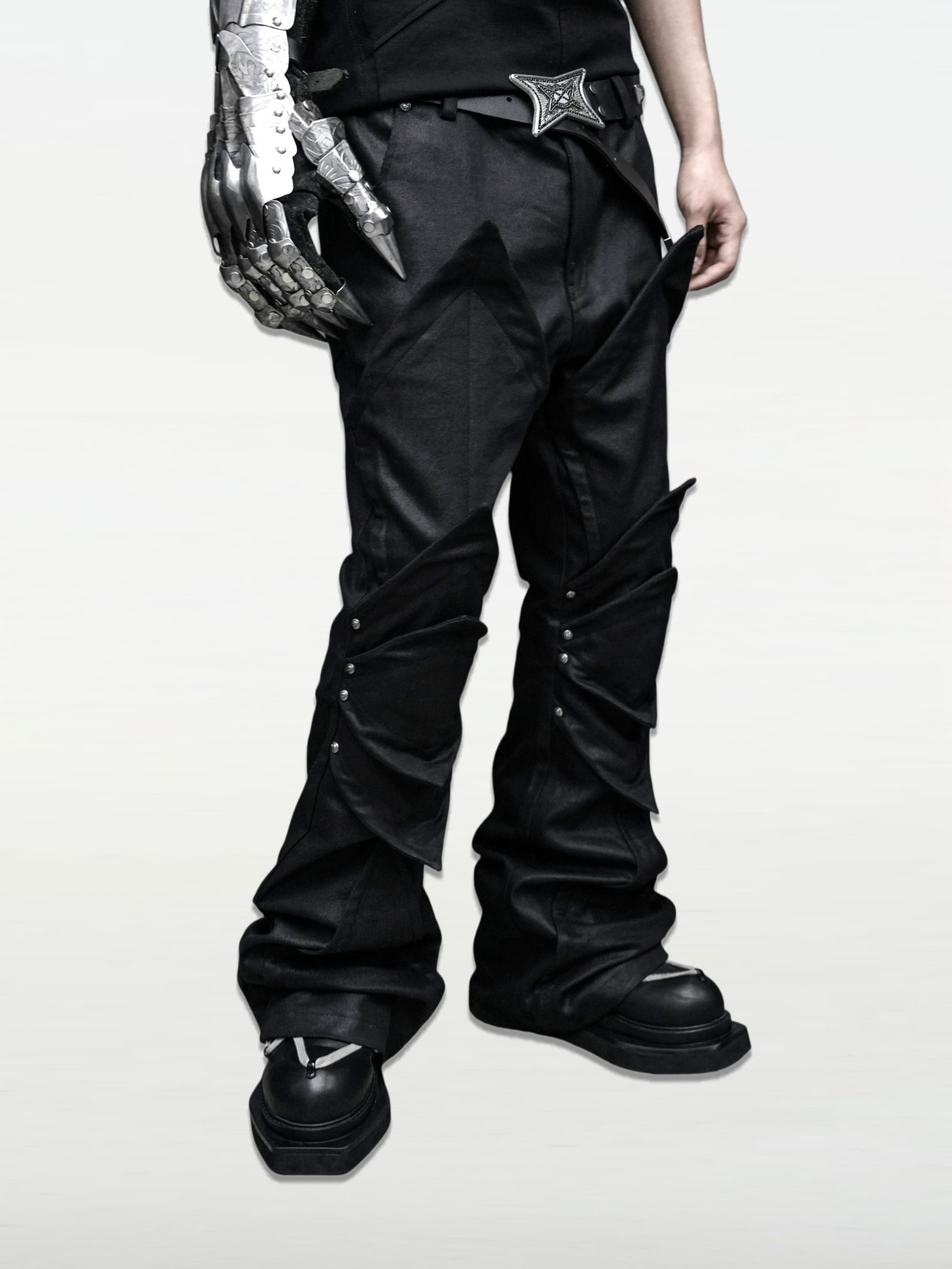 「Knight」Armor Deconstructed Micro-Flare Waxed Denim Trousers