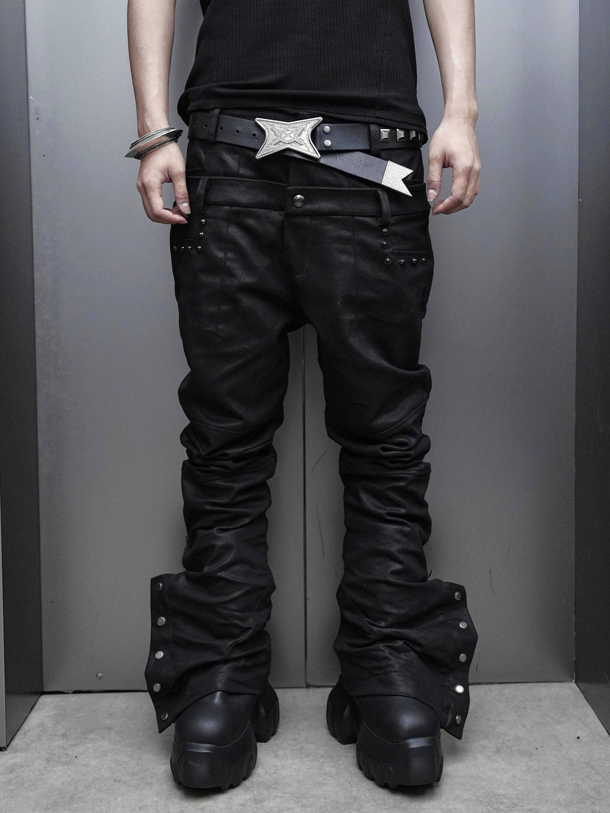 「Dual Track」Curved-Blade Double-Waist Skinny Waxed Denim Trousers