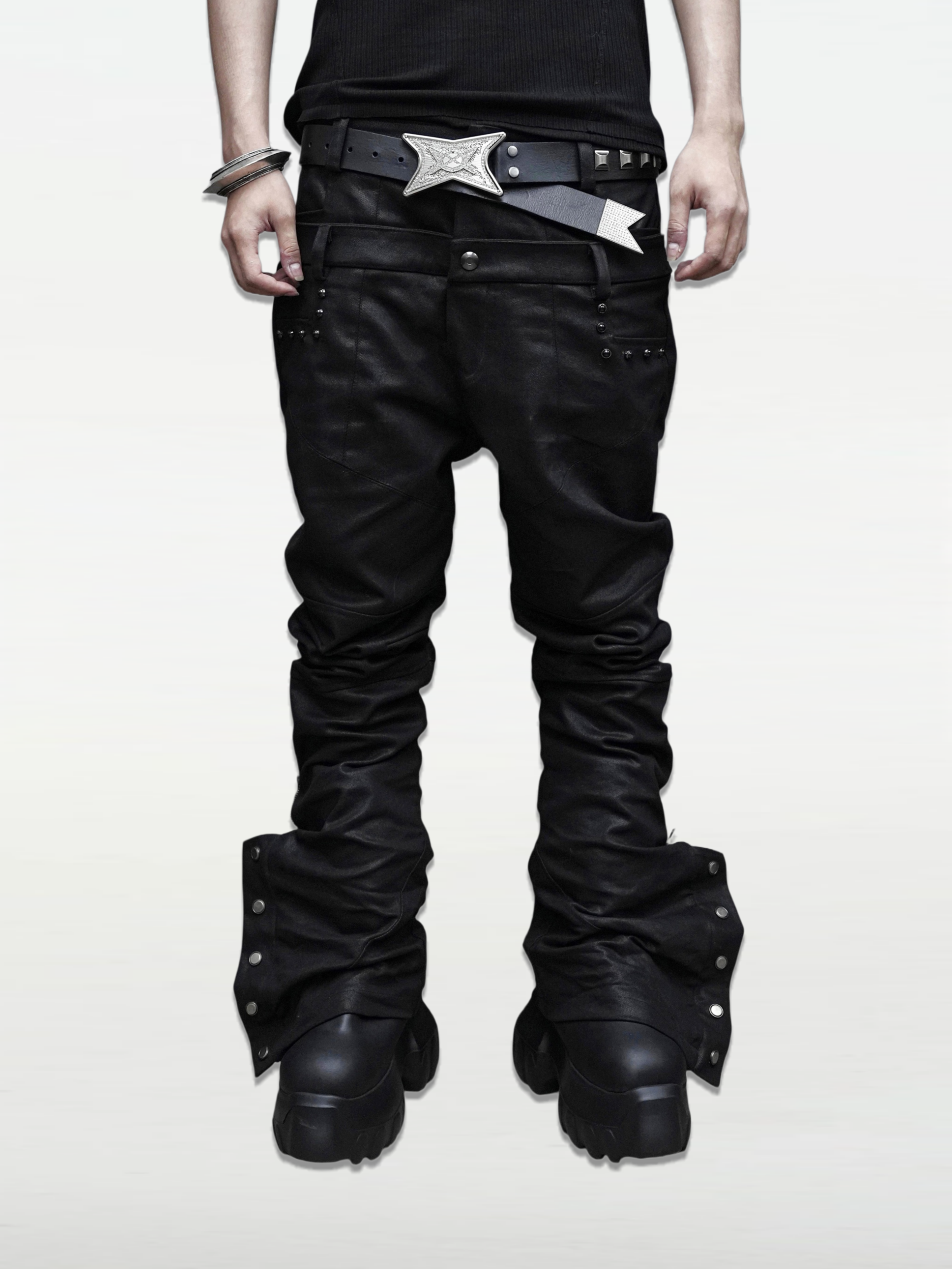 「Dual Track」Curved-Blade Double-Waist Skinny Waxed Denim Trousers