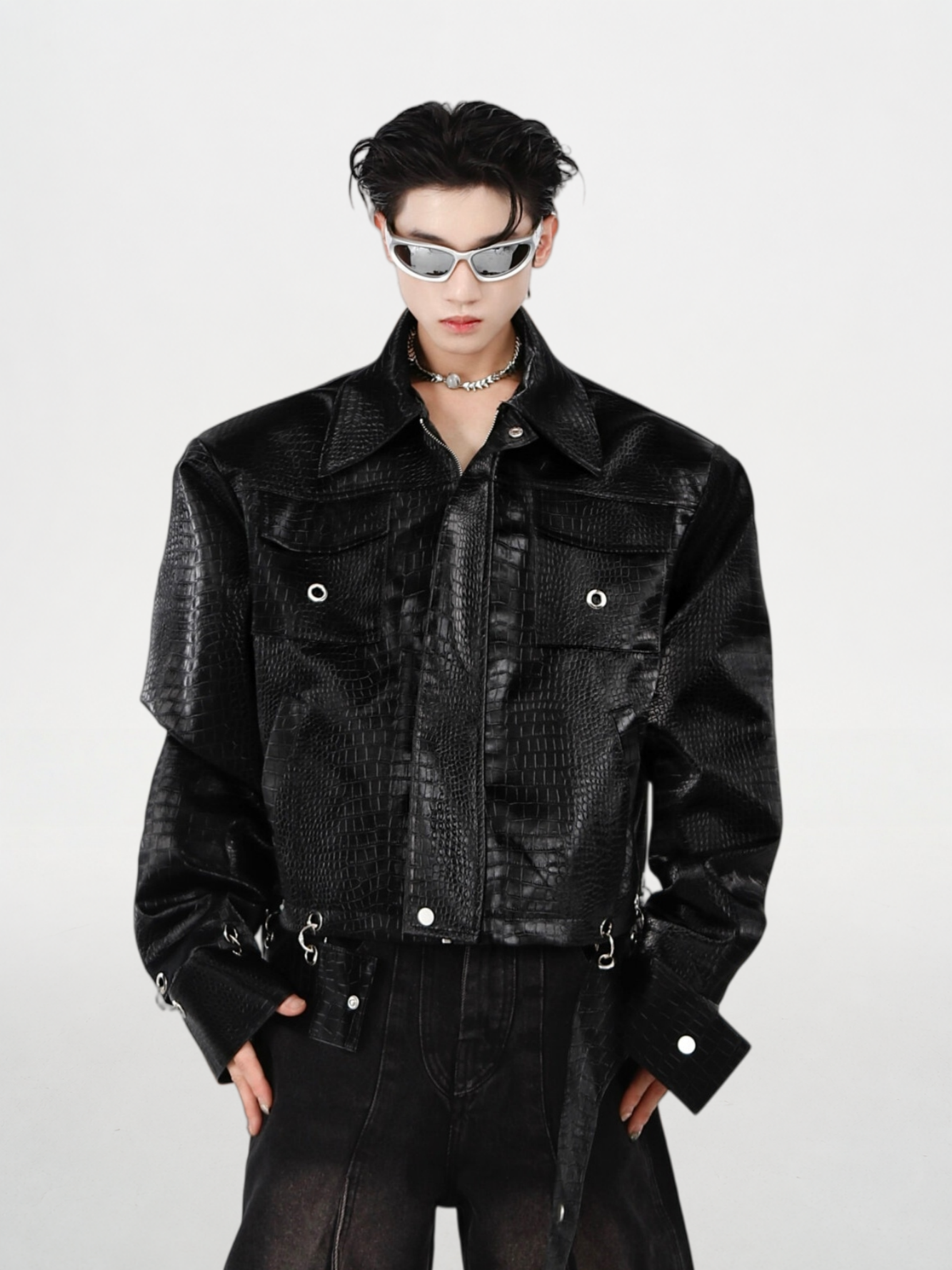 Crocodile Patterned Pu Leather Jacket With Patchwork
