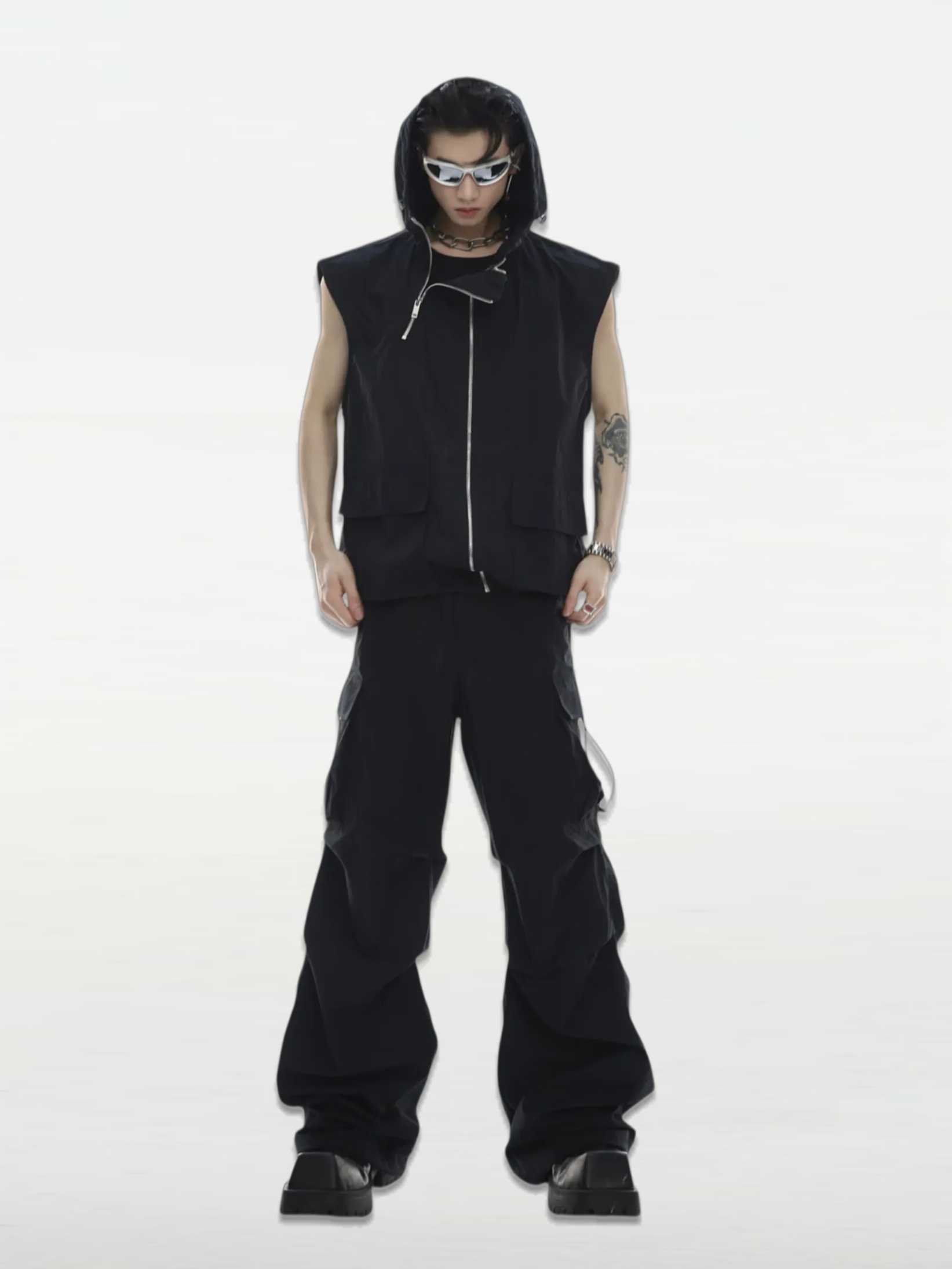 Hooded Tank Top Cargo Jumpsuit Set