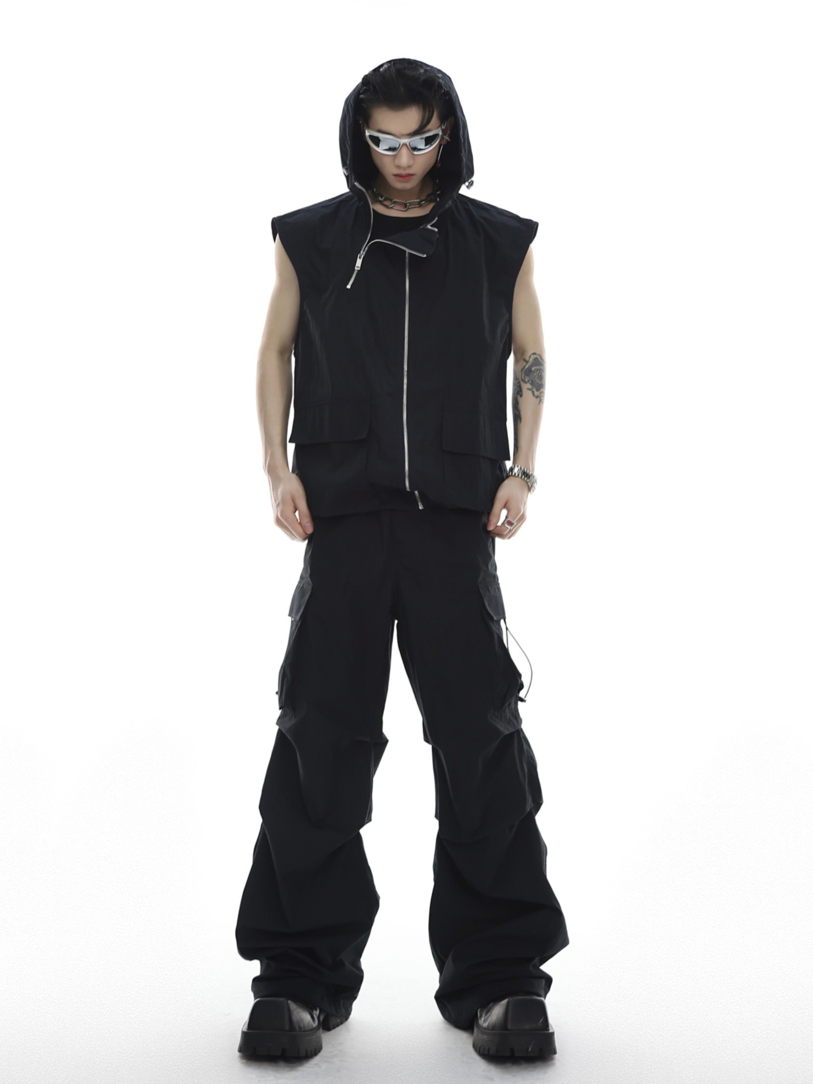 Hooded Tank Top Cargo Jumpsuit Set
