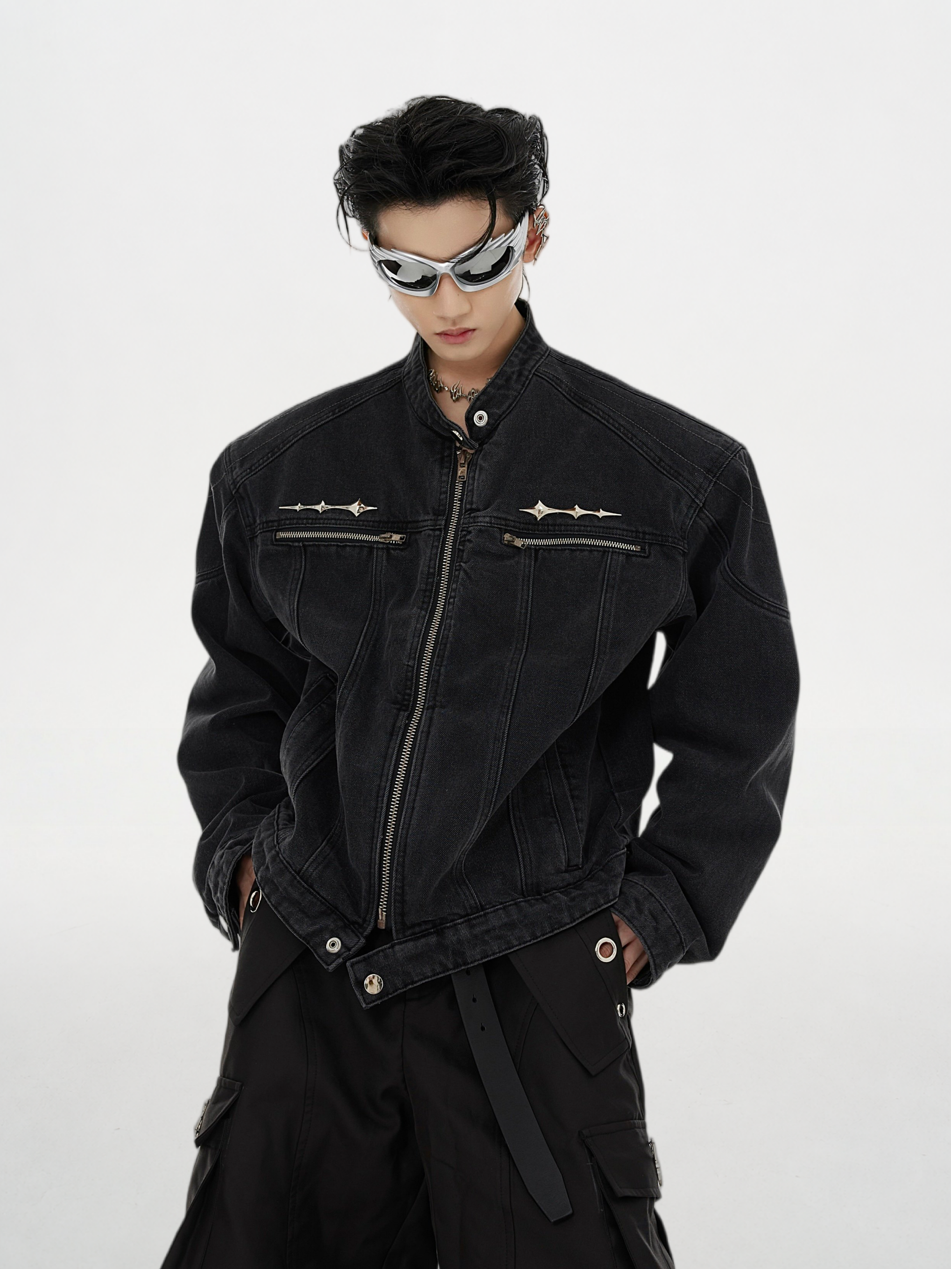 Vintage Washed Distressed Cropped Denim Jacket with Padded Shoulders