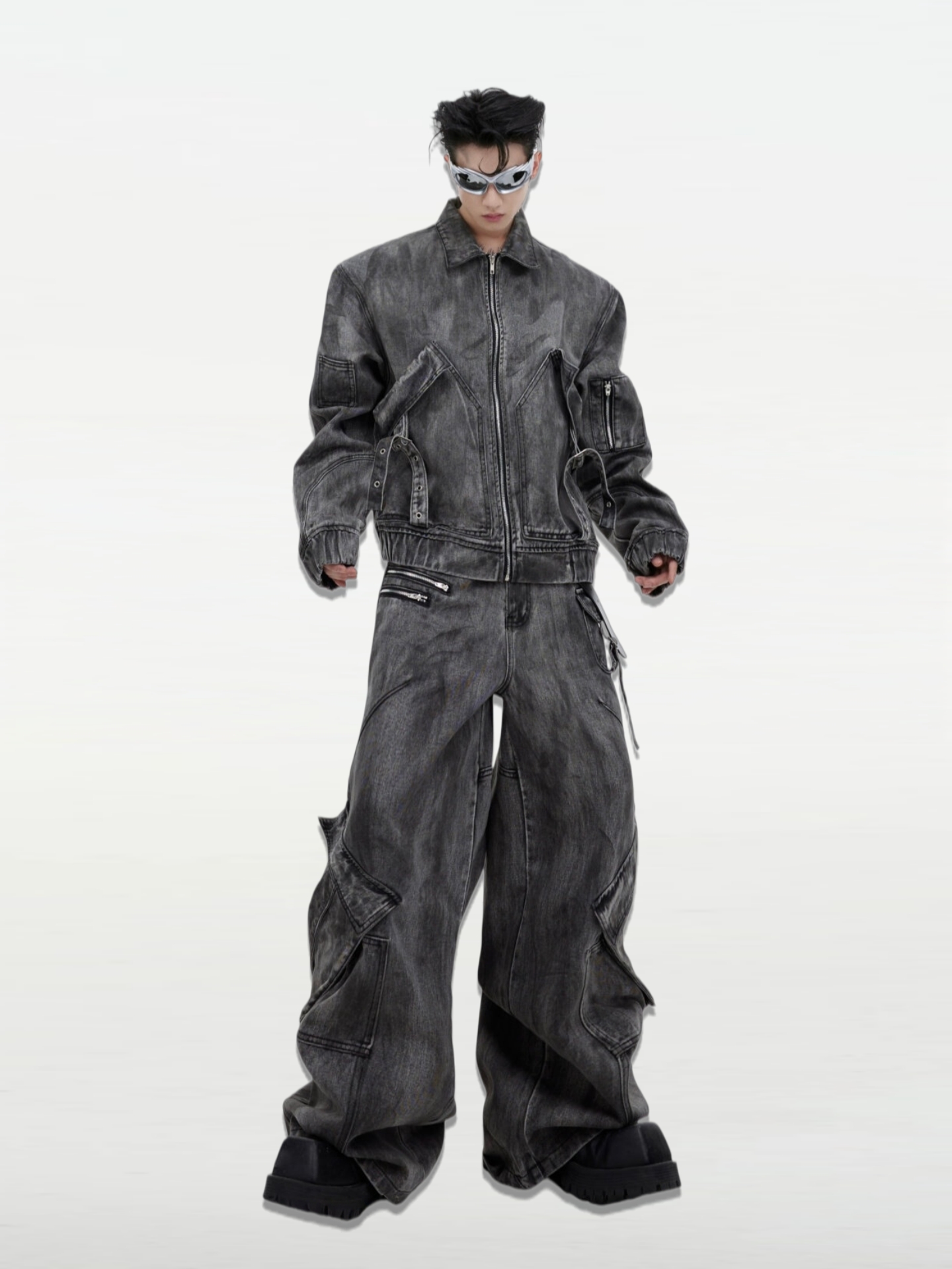 Vintage Washed Distressed Zip-Pocket Denim Jacket & Pants Set  
