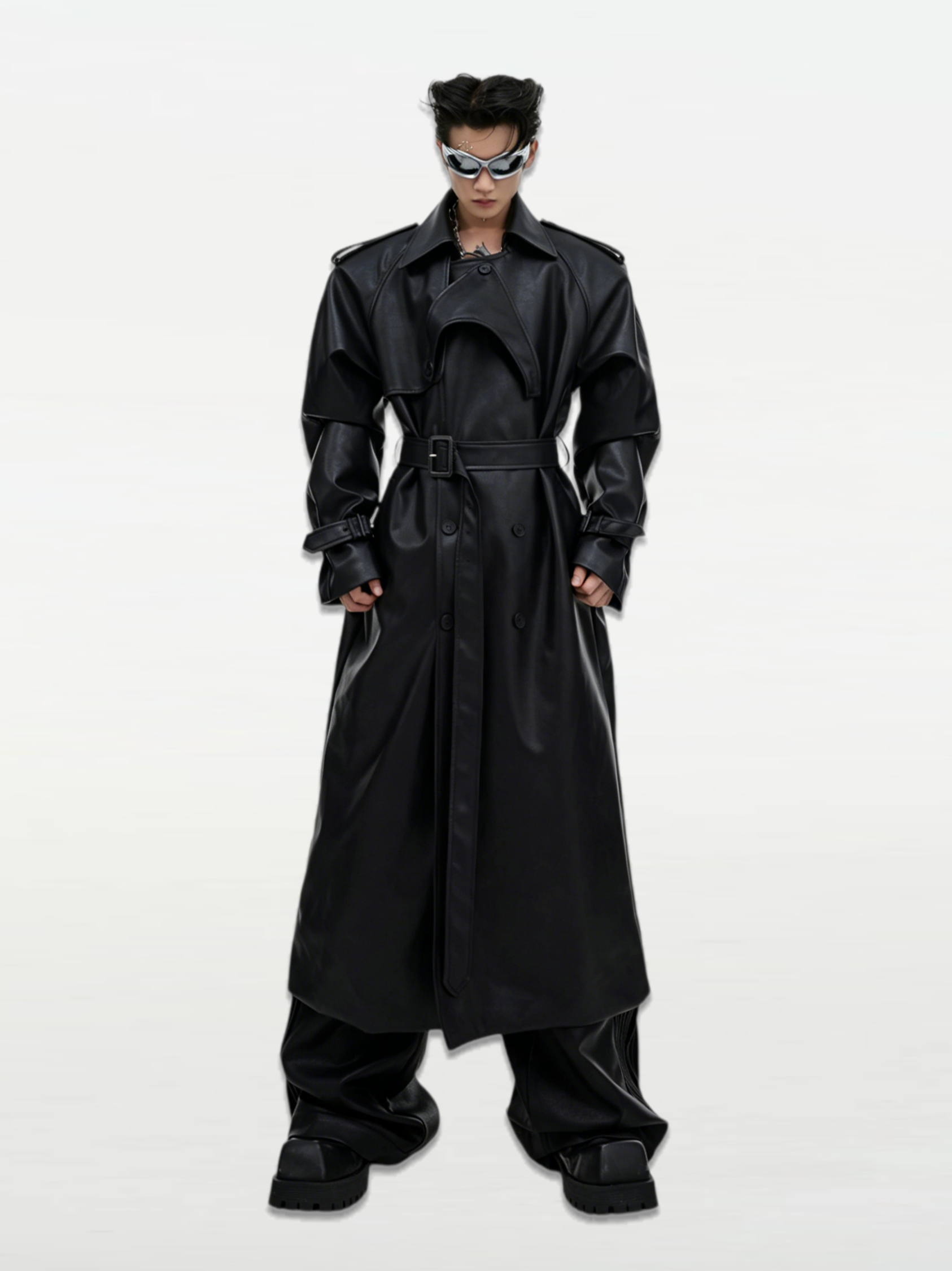 Structured Shoulder-Padded Oversized PU Long Overcoat
