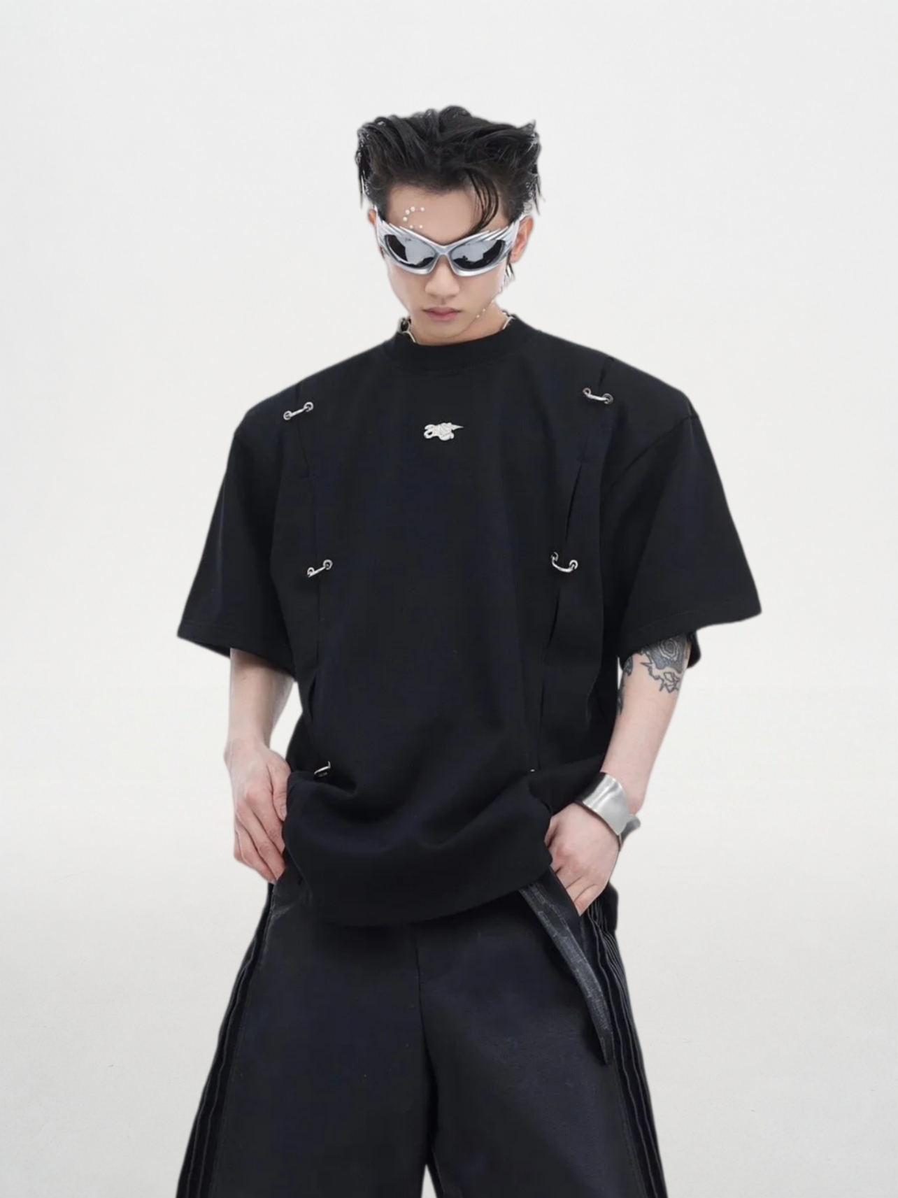 Deconstructed Paneled Eyelet Solid Loose Short Sleeve Tee