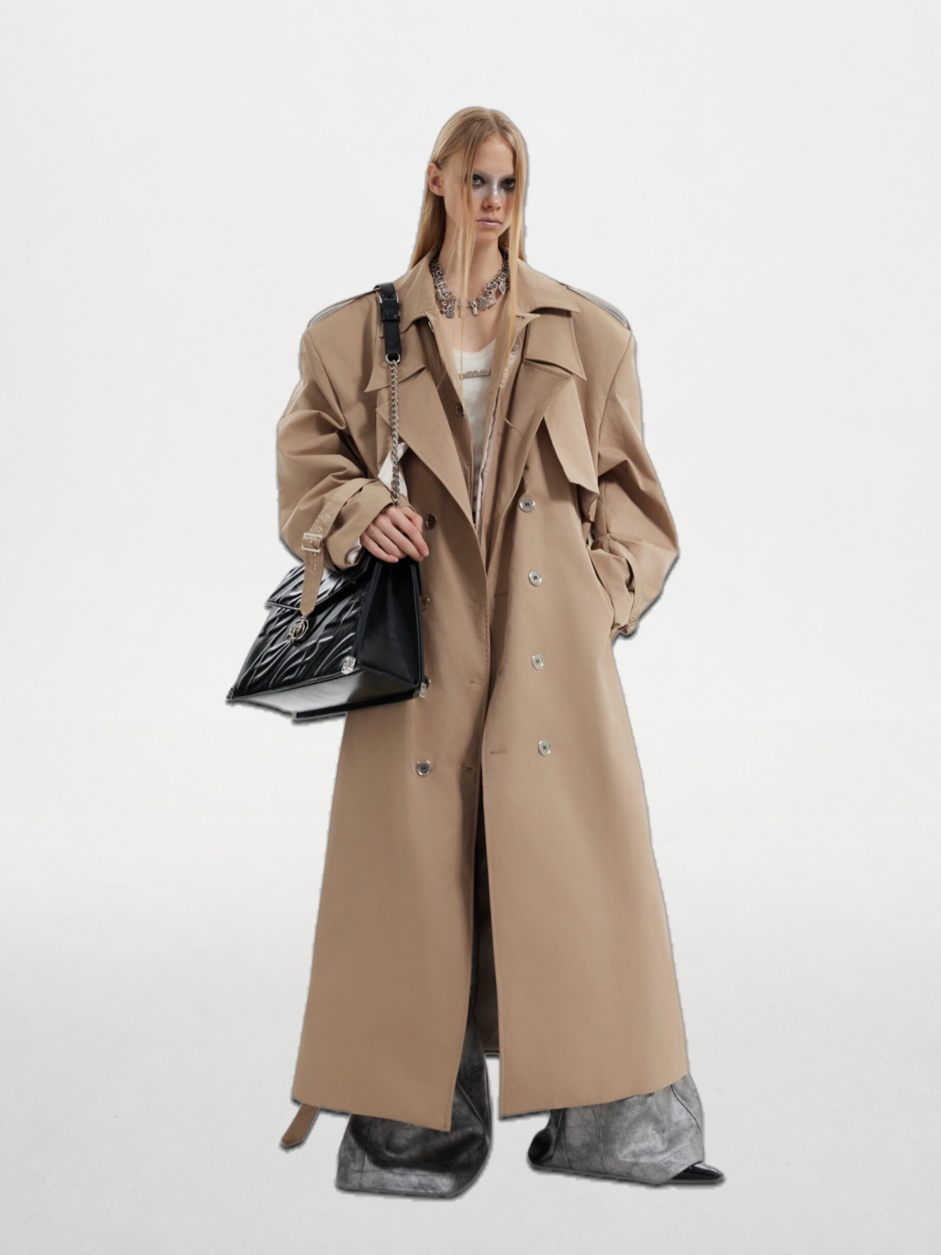 Double-Breasted Belted Shoulder-Padded Oversized Trench Coat