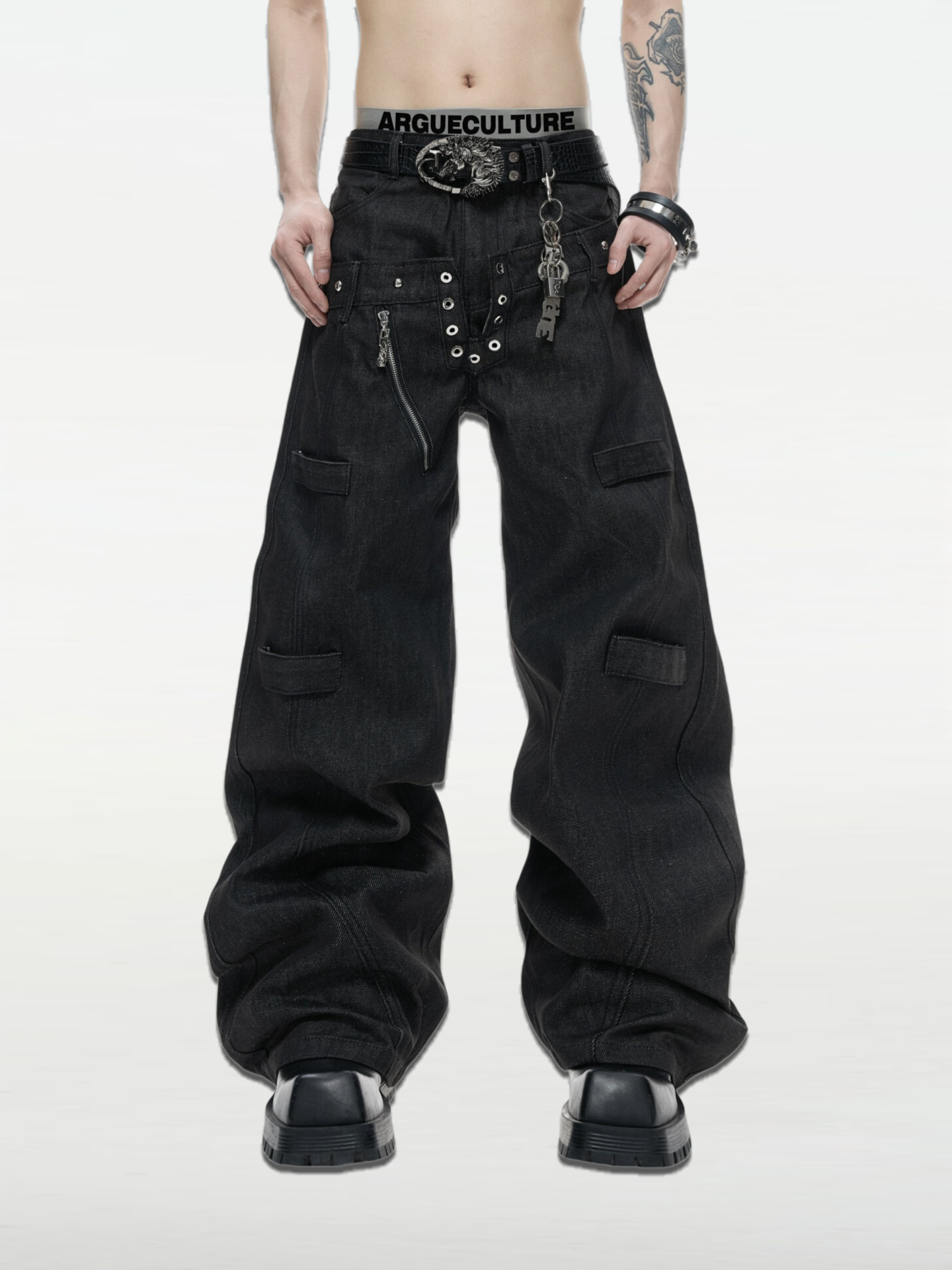 14.5oz Desized Raw Denim Straight Pants with Double Waistband