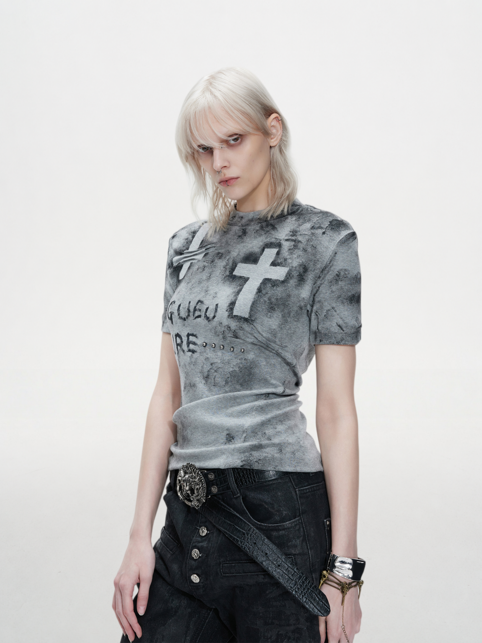Pleated Graffiti Distressed T-Shirt
