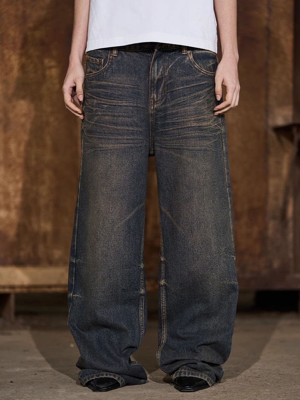 EXITMODE BY BLINDNOPLAN 24SS Yellow Mud-Dyed Distressed Straight-Leg Jeans