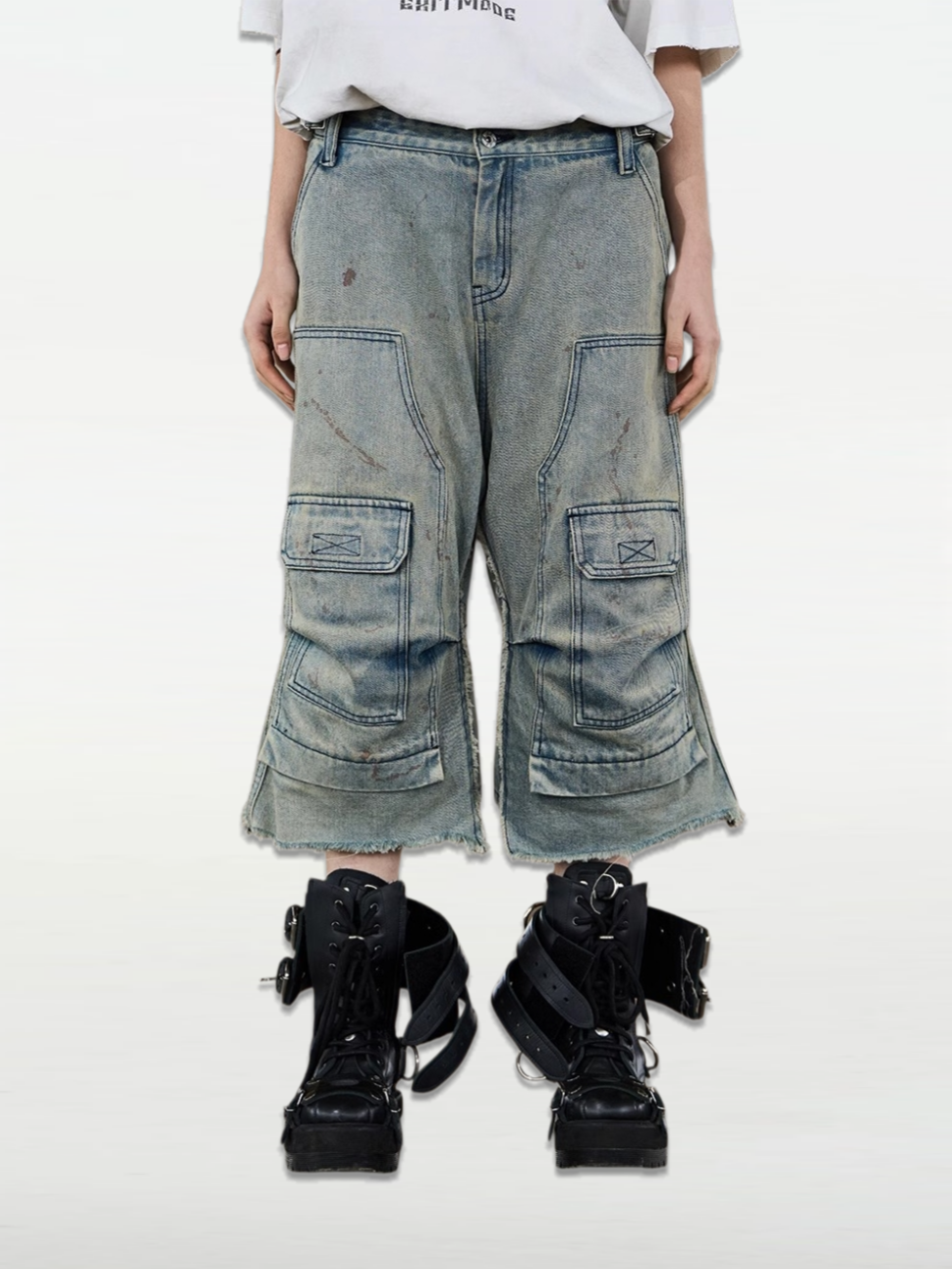 Pleated Splatter Paint Utility Mid-Length Shorts
