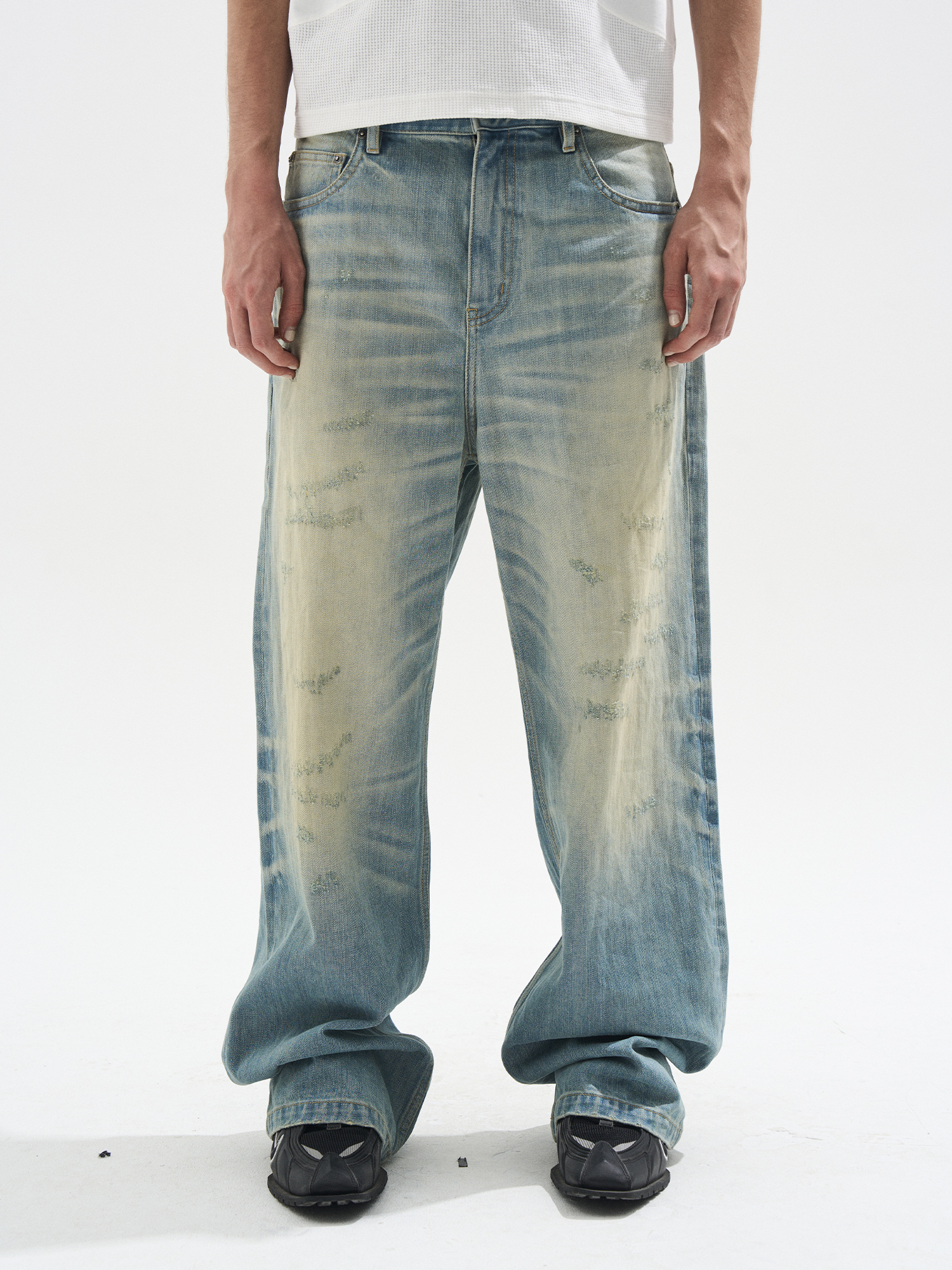EXITMODE BY BLINDNOPLAN Handcrafted Whisker Washed Blue Jeans