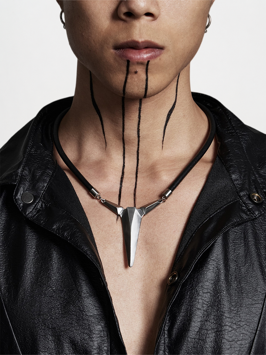 Geometric Diamond-Cut Leather & Titanium Steel Pendant Necklace