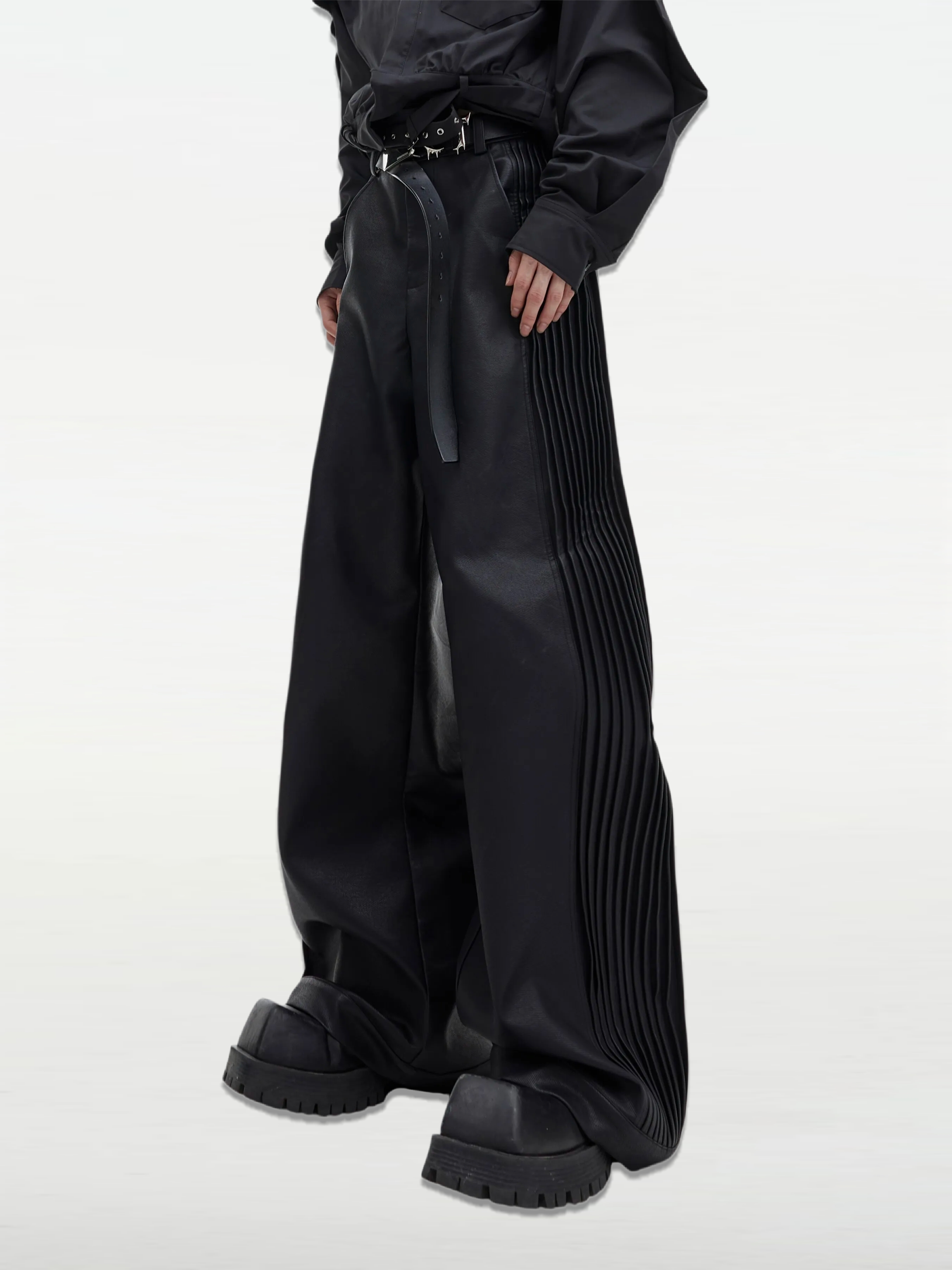 Pleated Loose Straight-Leg Leather Pants