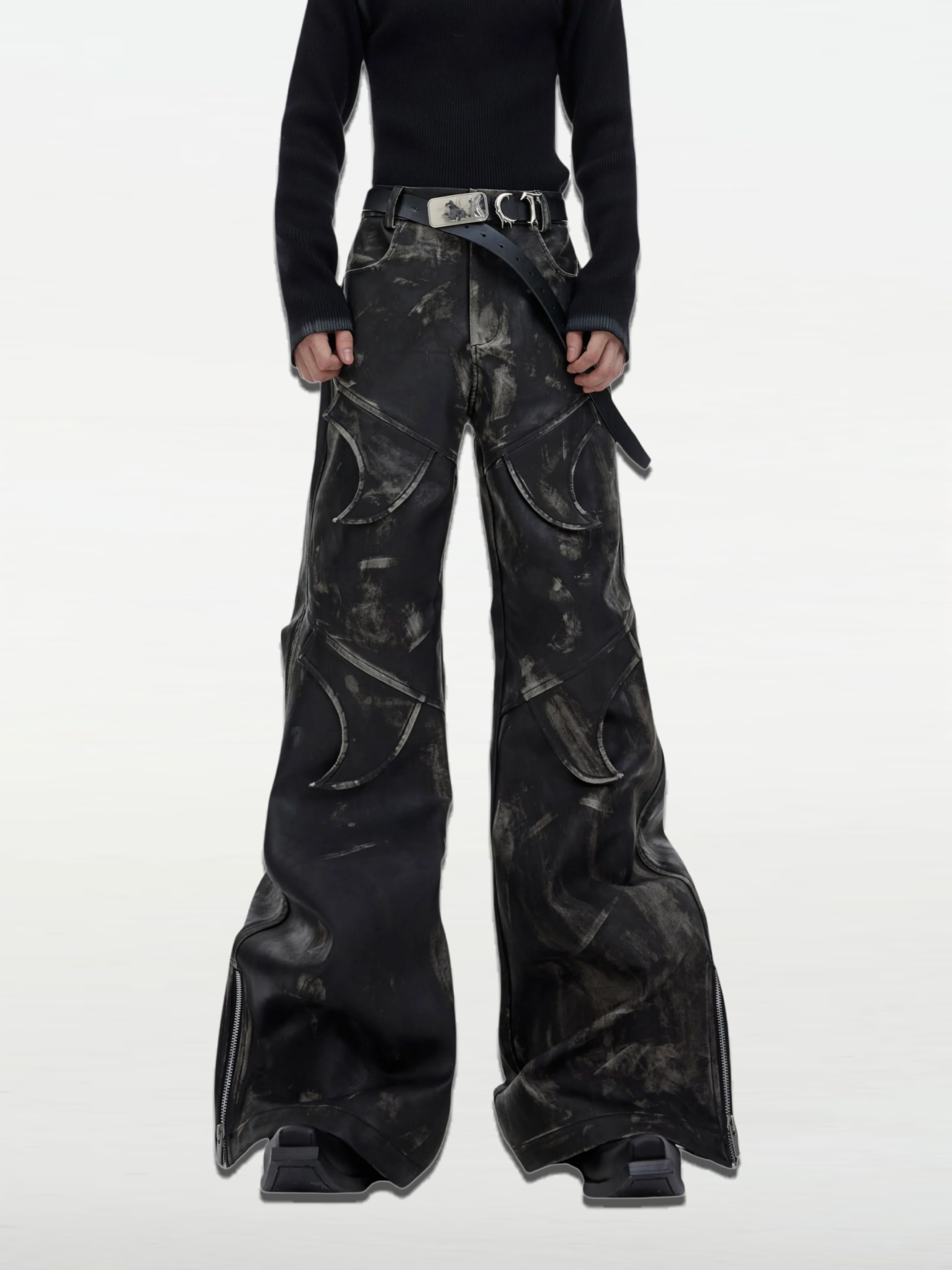 Ink-Washed Structured Micro-Flare Leather Pants