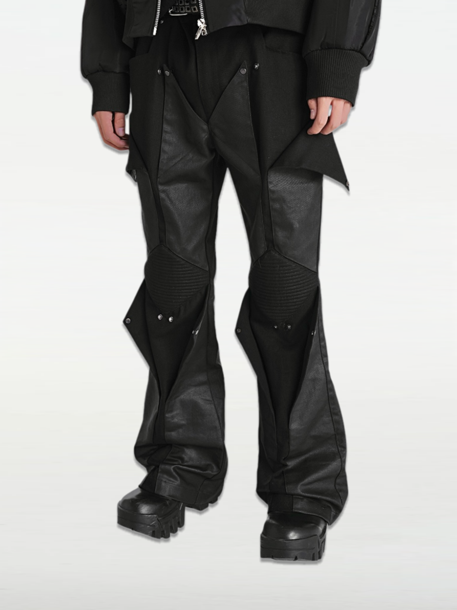 Overlapping Scale-Paneled Waxed Denim Pants