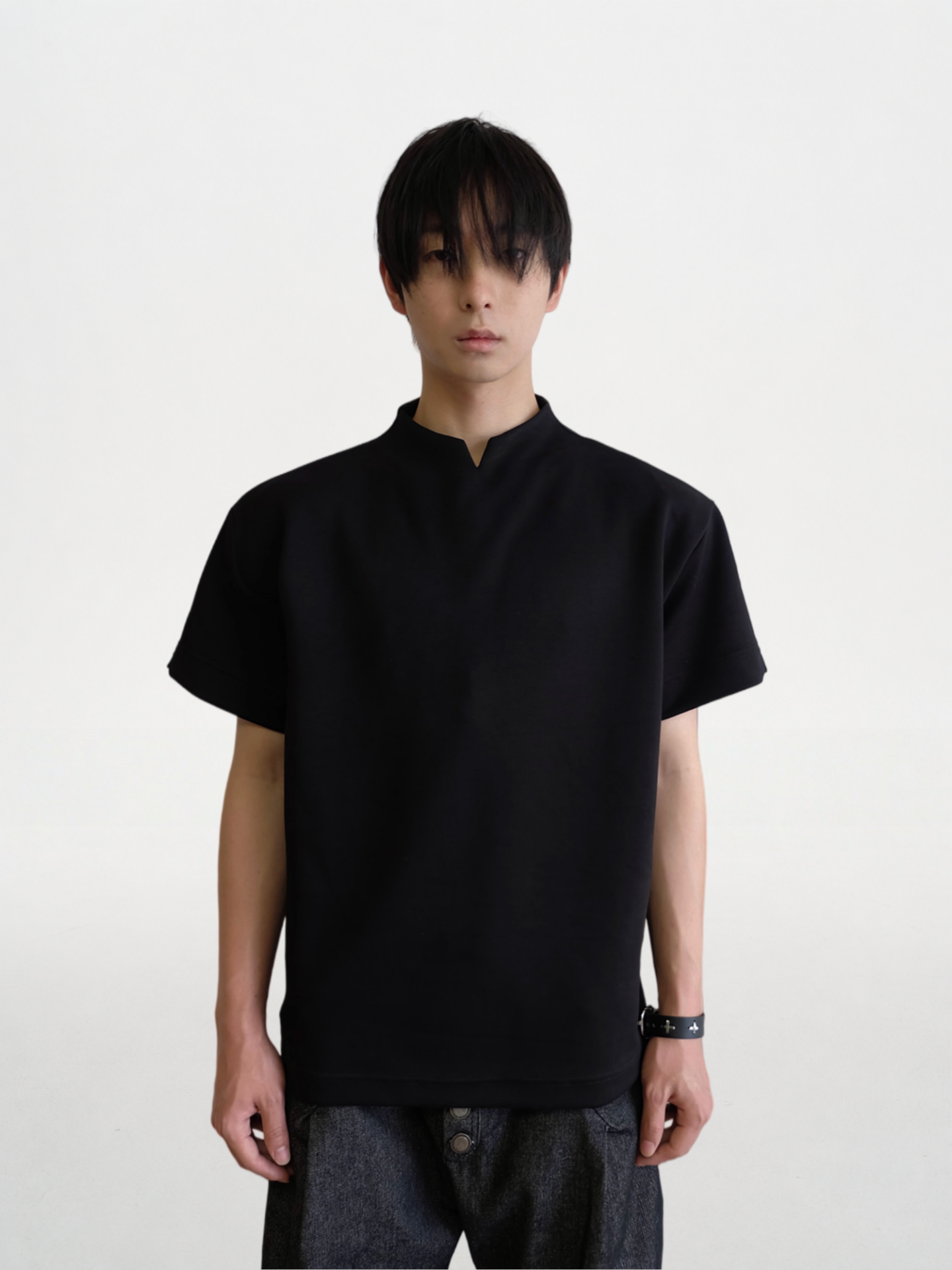 Stand Collar V-Neck Air Layer Space Cotton T-Shirt