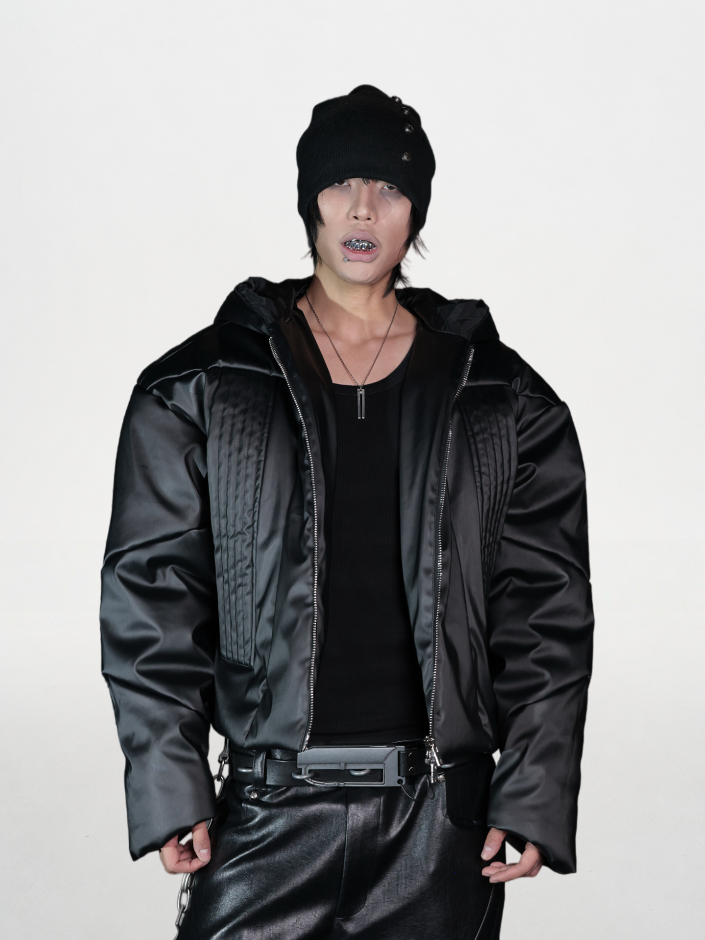 Armored Texture Metallic Brushed Hooded Puffer Jacket