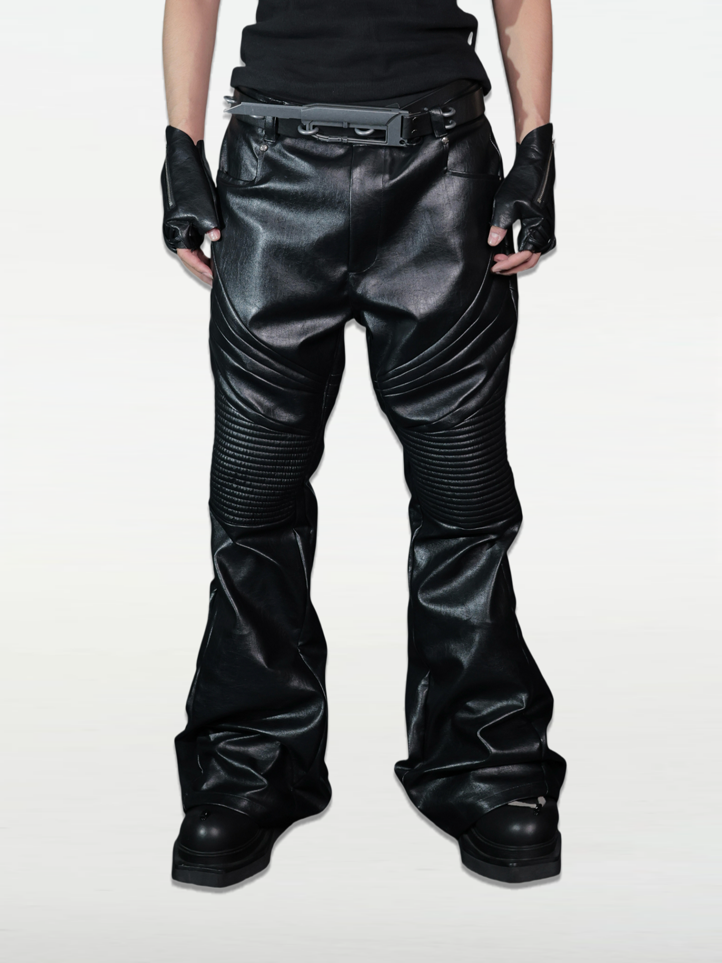 Textured Armor-Inspired Flared Leather Pants