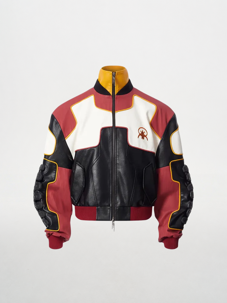 Heavy-Duty Spine Panel Colorblock Biker Jacket