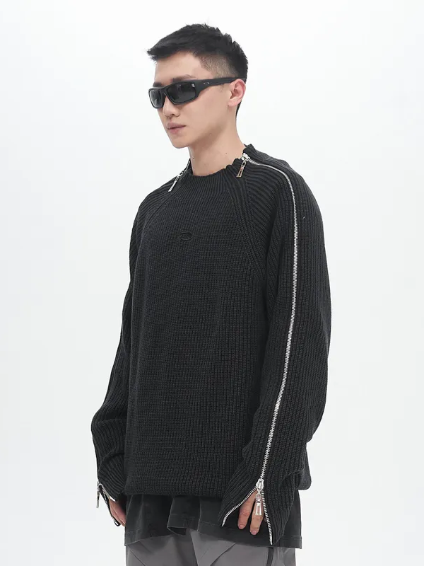 Washed Dual-Zipper Knit Sweater