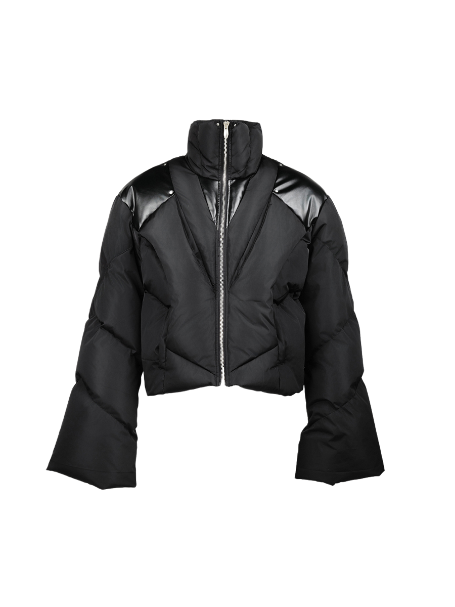 [Sold Out] Flared Sleeve Leather-Paneled Hollow Down Cotton Jacket