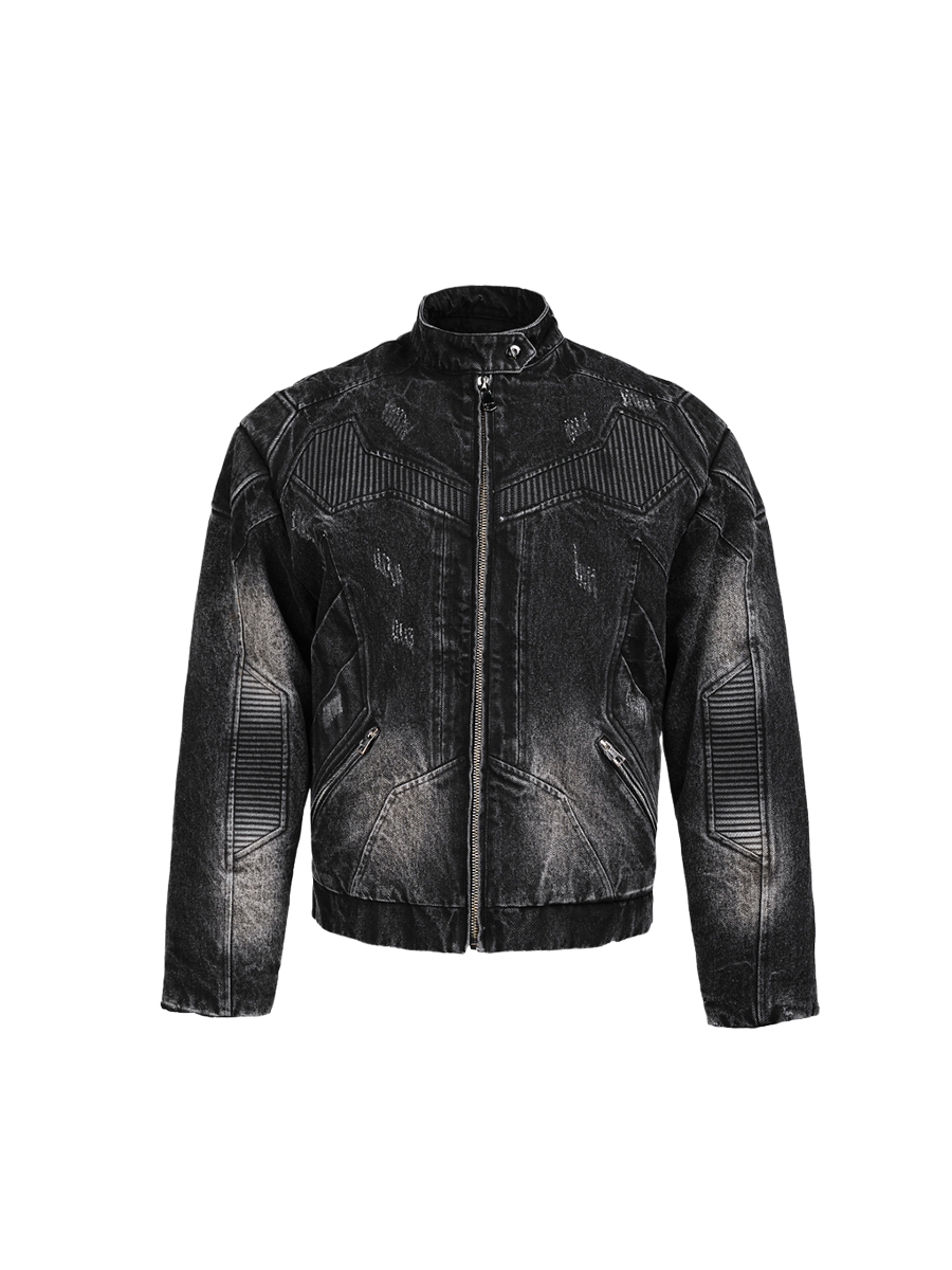 [Sold Out]Washed Gradient Distressed Heavy Quilted Denim Jacket