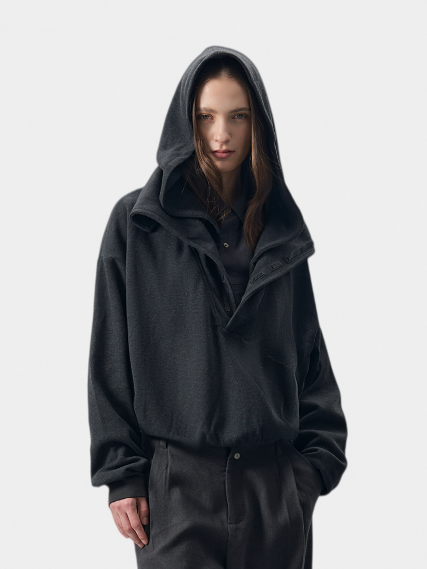 Fleece-Feel High Turn-Down Collar O-Ring Cropped Pullover Hoodie