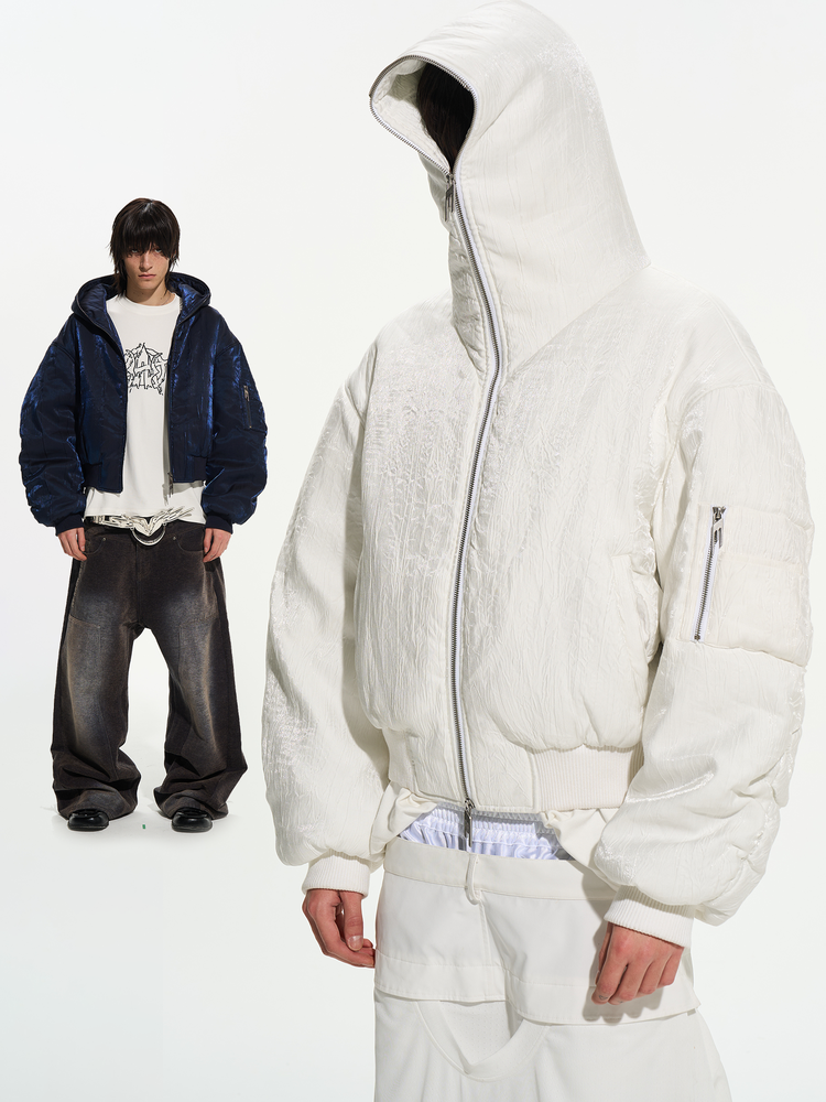 Textured Ribbed Oversized Hooded Puffer Jacket