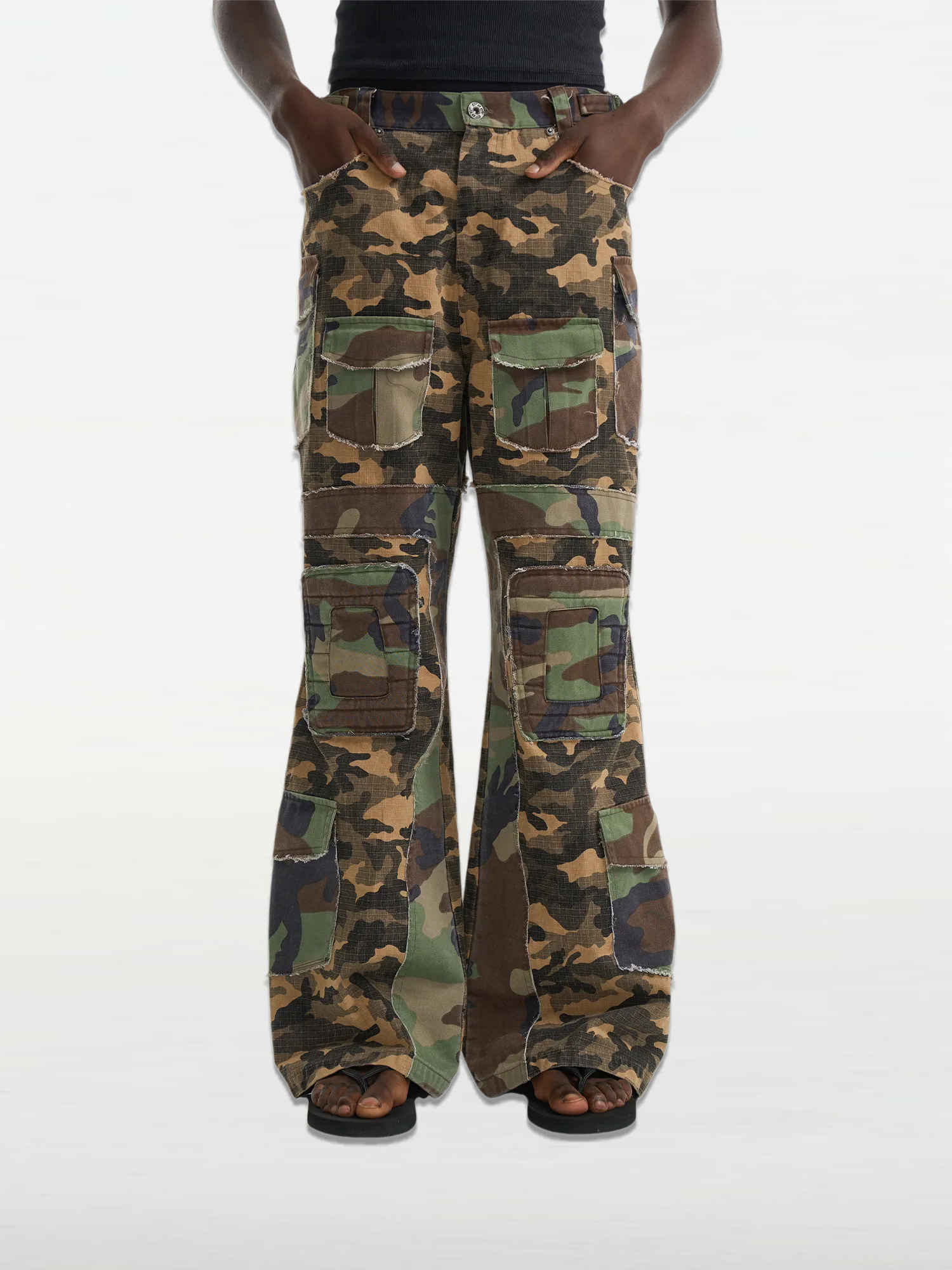 Washed Raw-Edge Camo Paneled Work Bootcut Pants