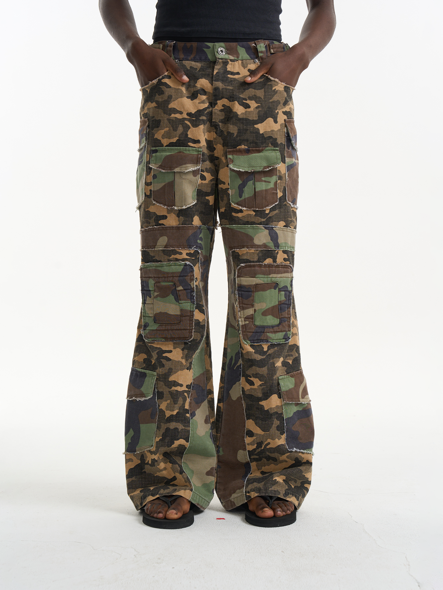Washed Raw-Edge Camo Paneled Work Bootcut Pants
