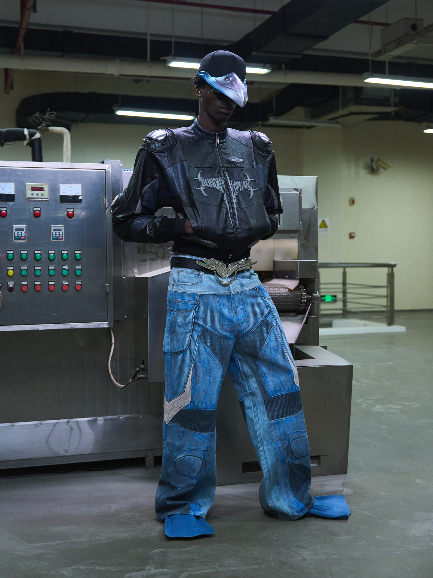 Printed Motorcycle Color-Block Jeans