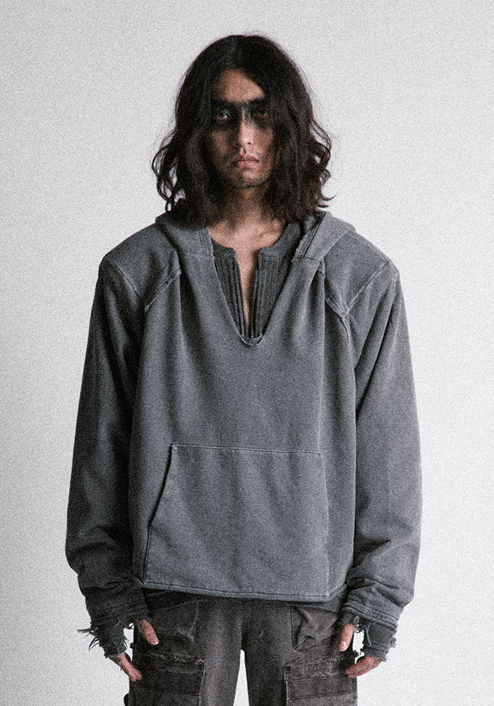 Distressed Deconstructed Cropped V-Neck Hoodie