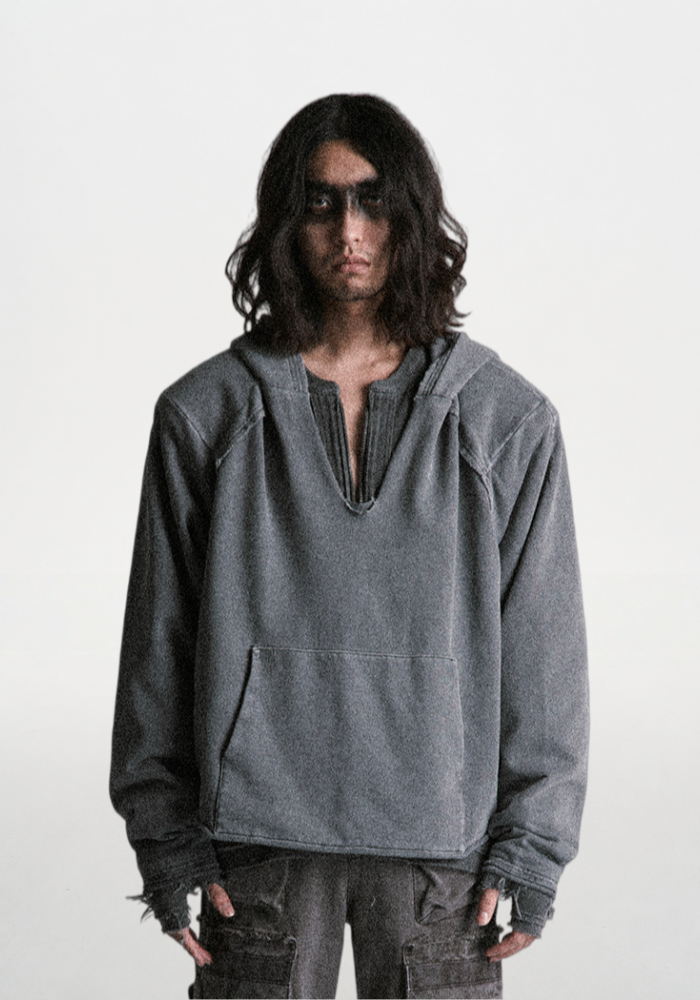 Distressed Deconstructed Cropped V-Neck Hoodie