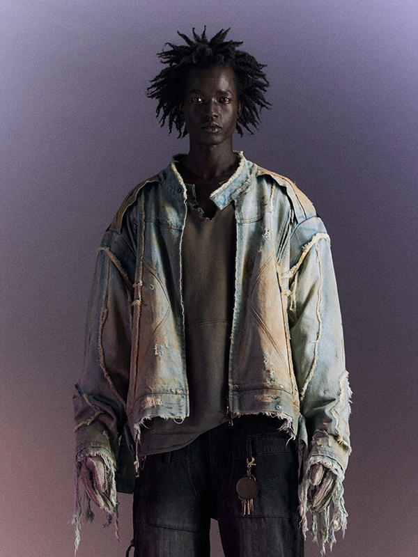 Mud-Dye Destroyed Fringe Motorcycle Denim Jacket