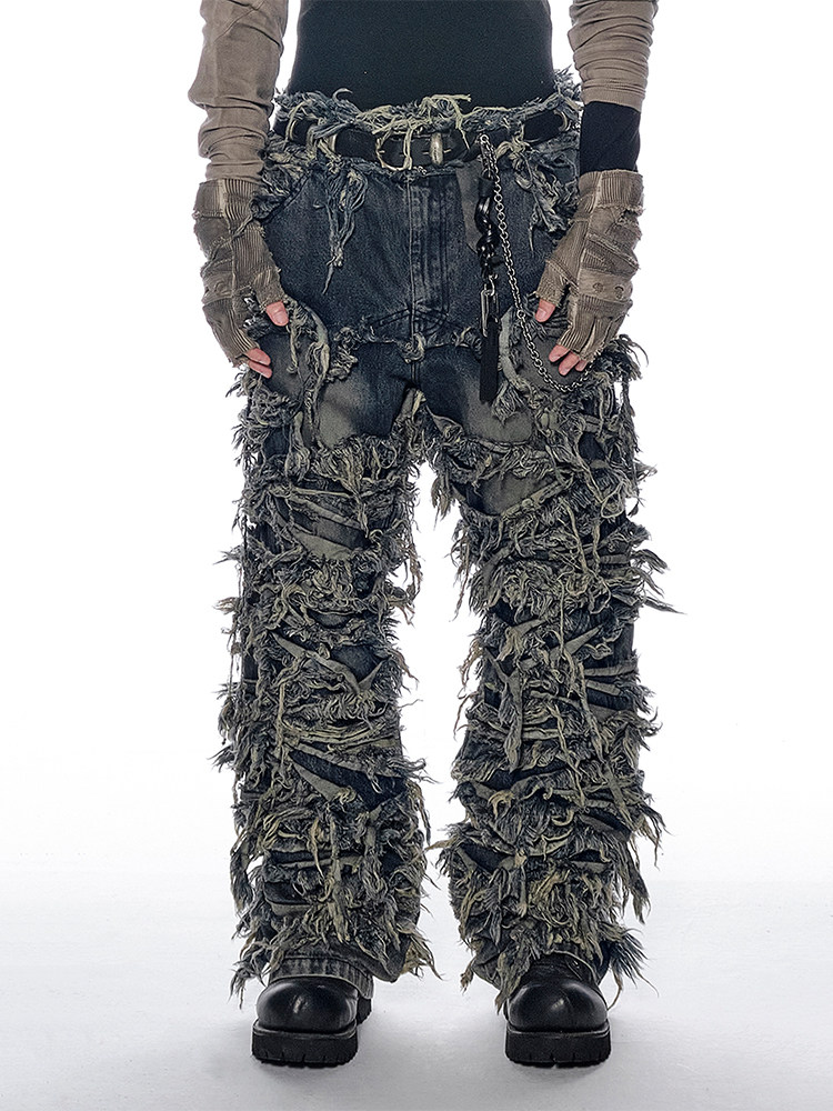 EROSION Frayed Fringe Washed Jeans
