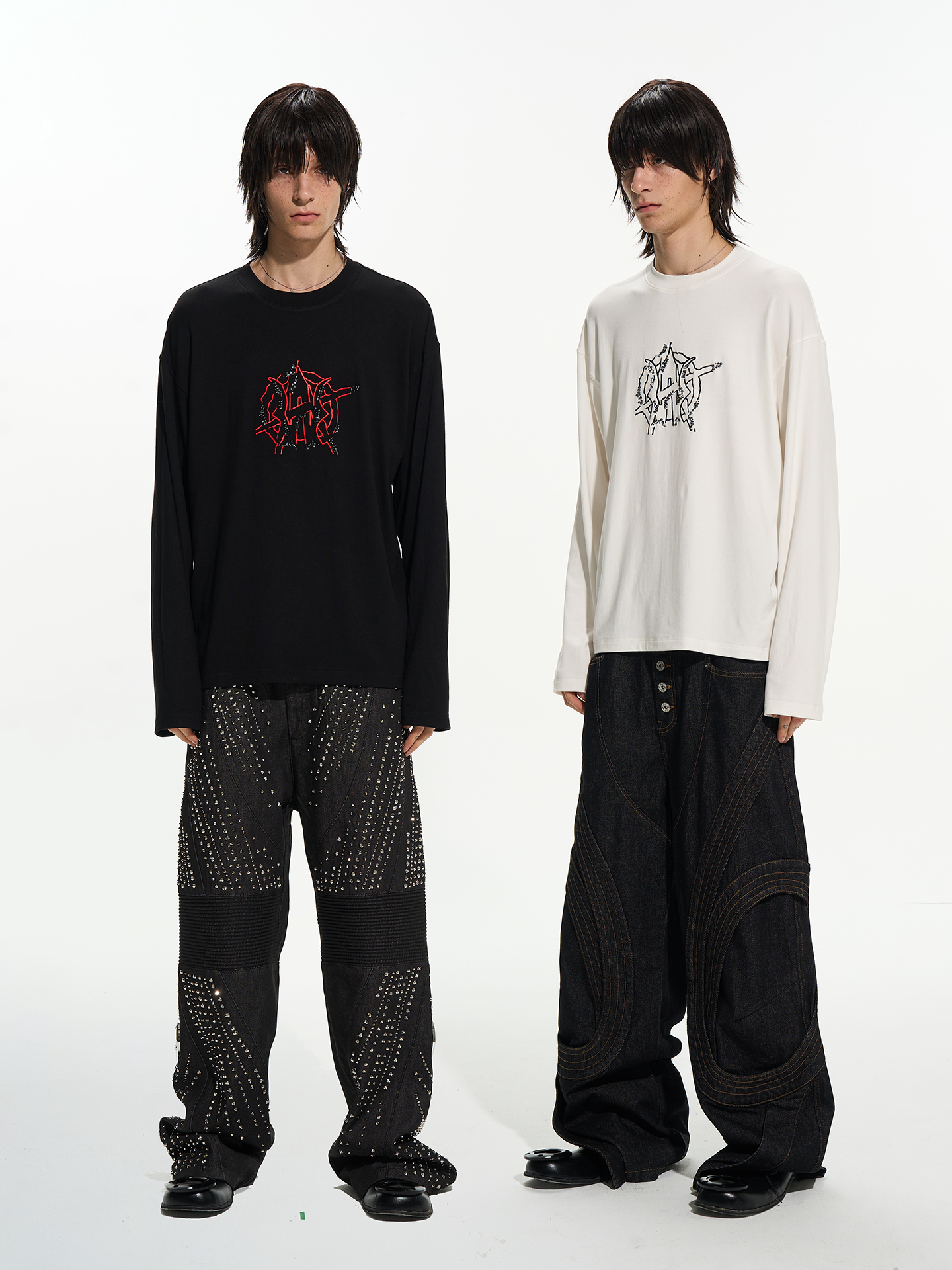 Studded & Embroidered Two-Tone Long Sleeve Top