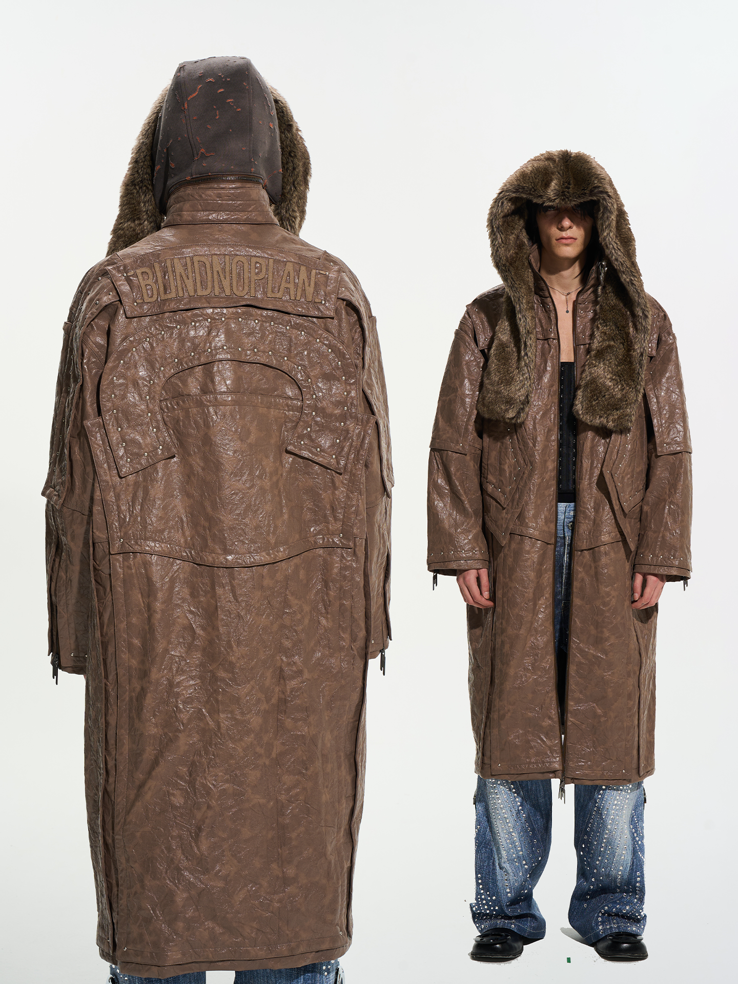 Custom Metal-Studded Detachable Fur Collar Leather Overcoat