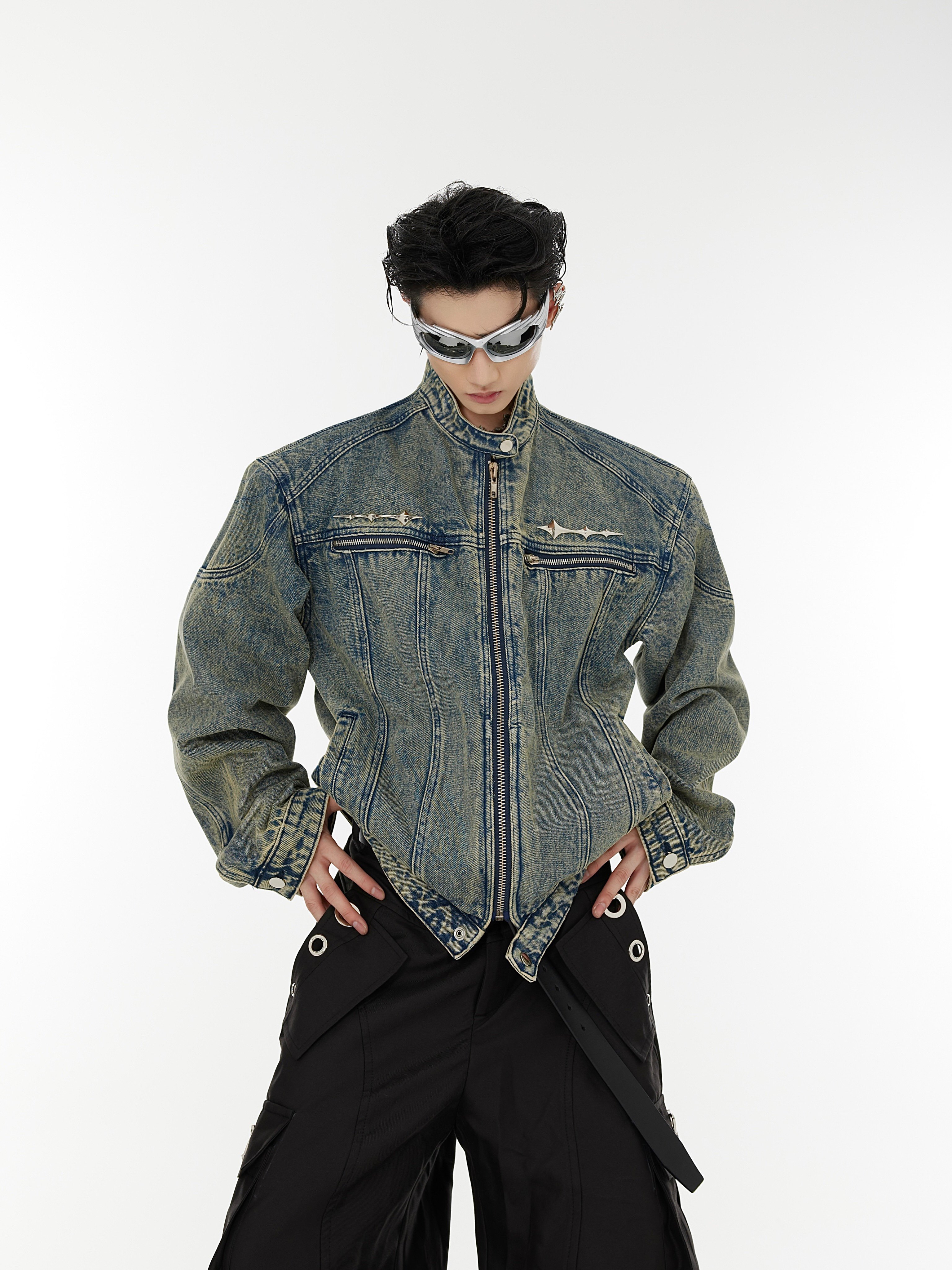 Vintage Washed Distressed Cropped Denim Jacket with Padded Shoulders