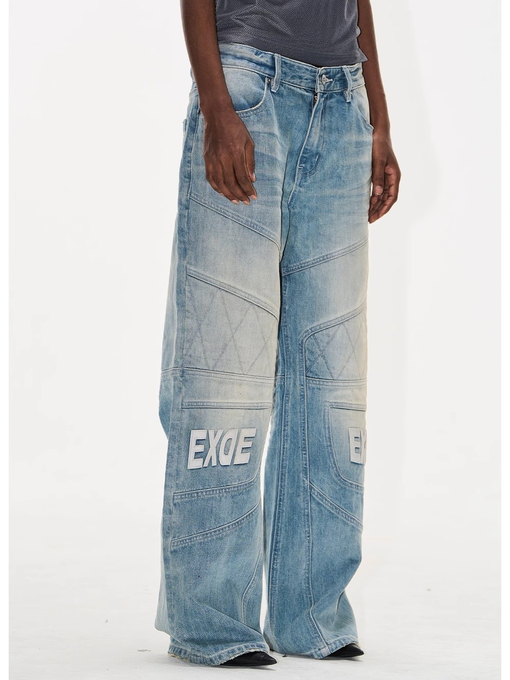 EXITMODE BY BLINDNOPLAN Washed Blue Moto Patchwork Leather Embroidered Pants